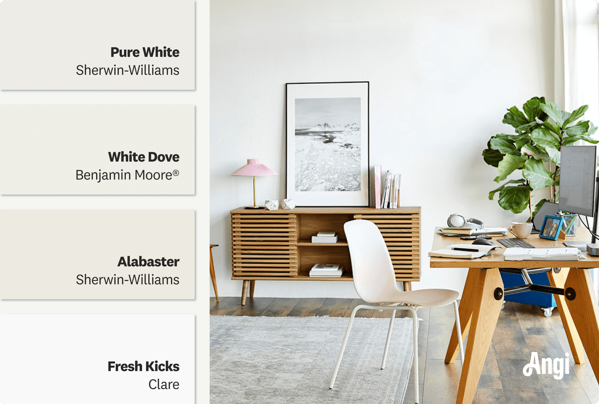 White home office  and living room space with natural light, including different tones of white paint