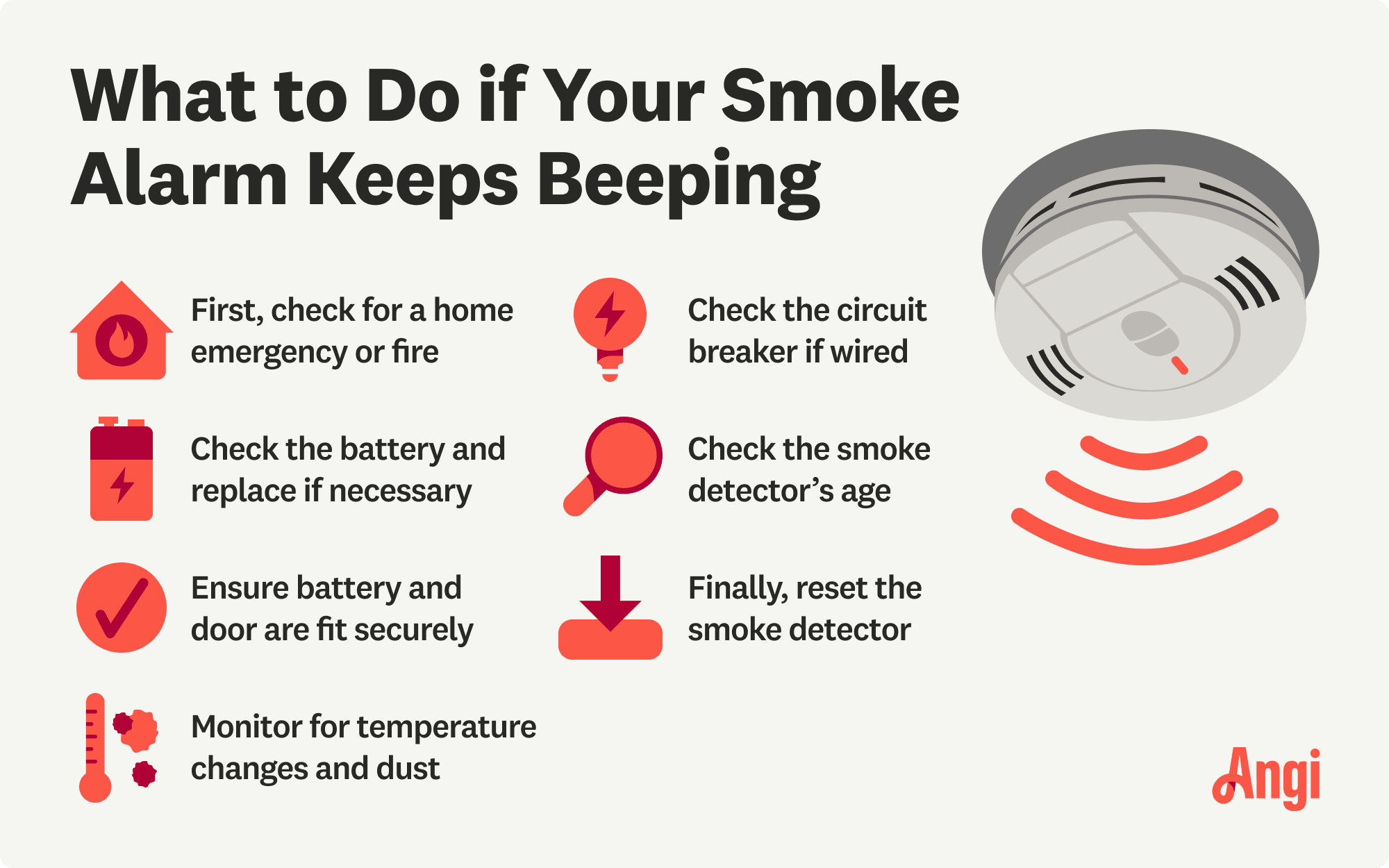 7 smoke alarm beeping remedies, including ensuring the battery and door are fit securely
