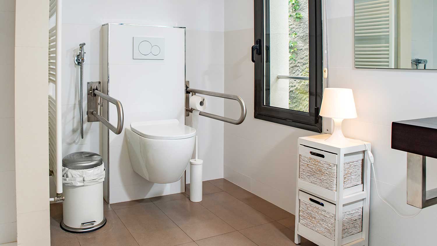Handicap bathroom with toilet grab bars