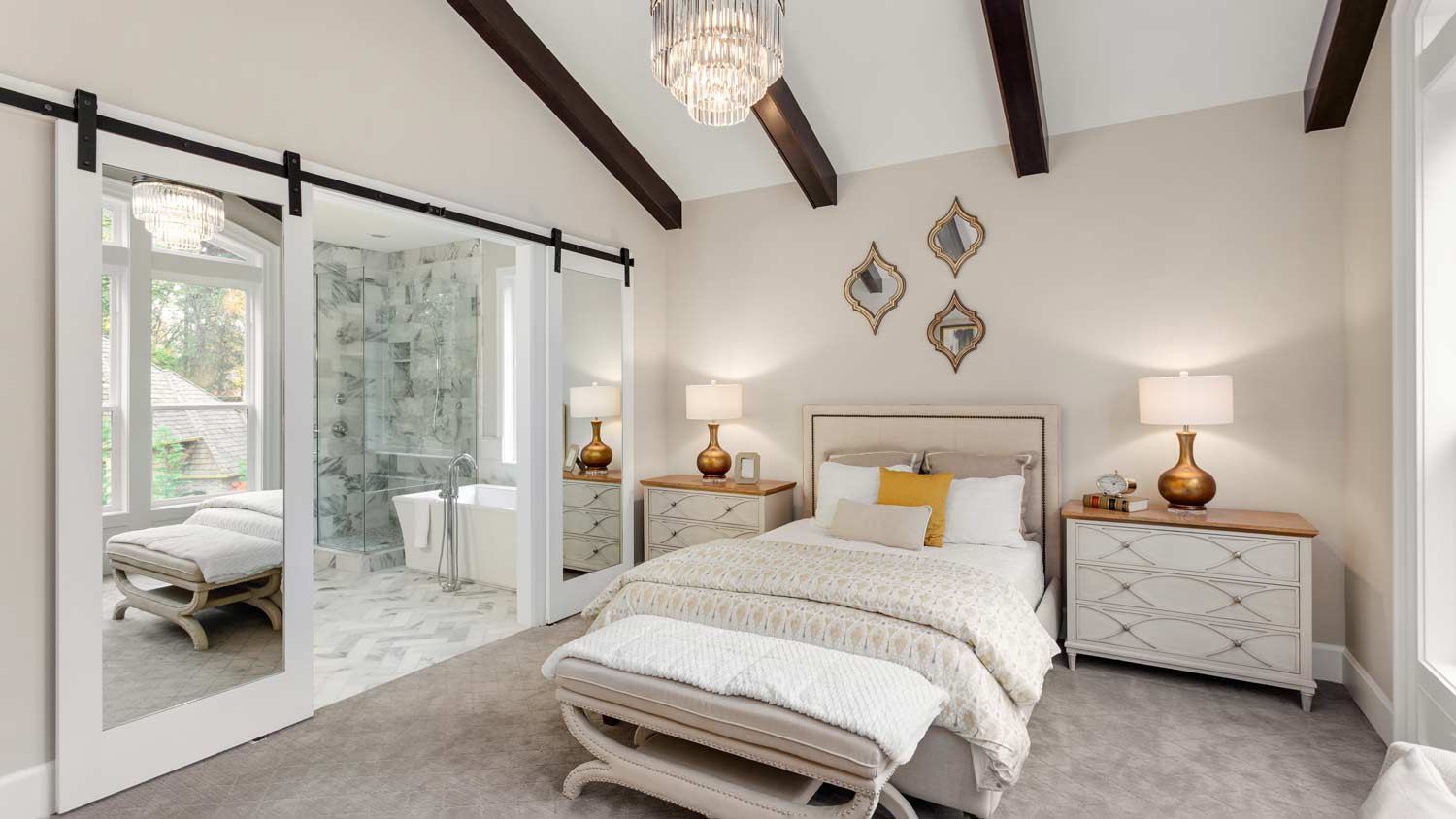 master bedroom with chandelier