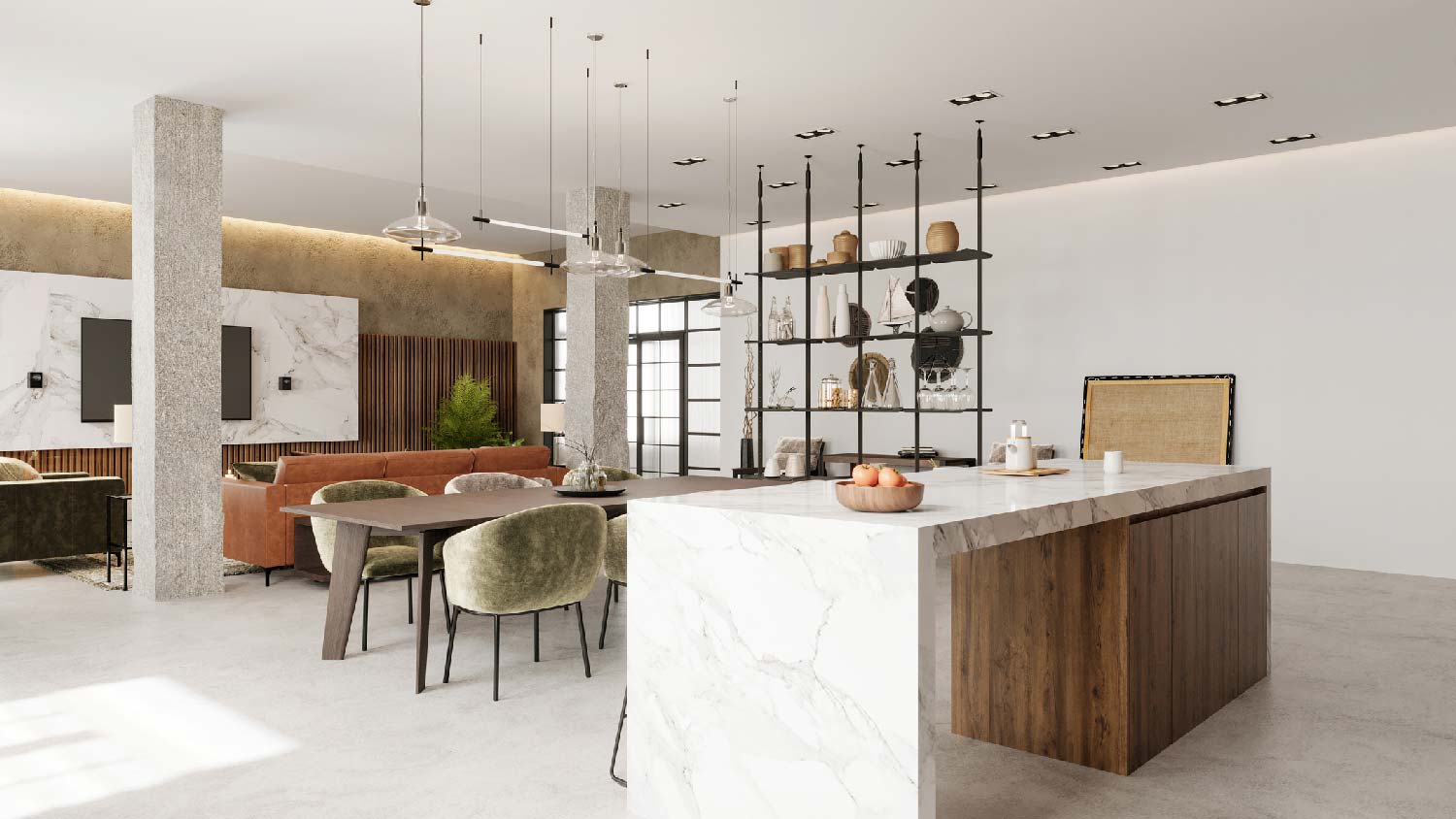 An open plan space with a kitchen and a living room