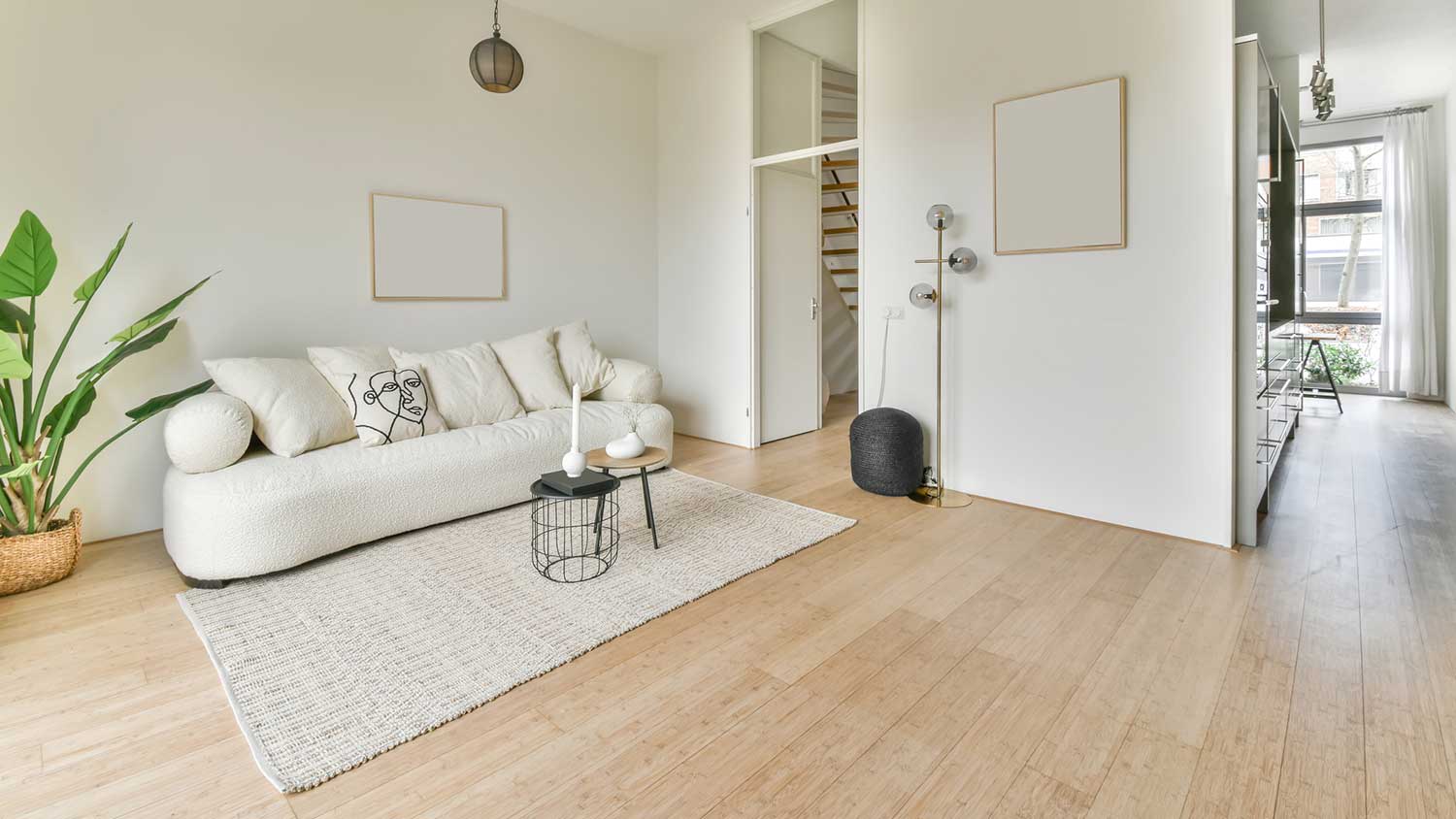 Bamboo flooring installed in a bright living room
