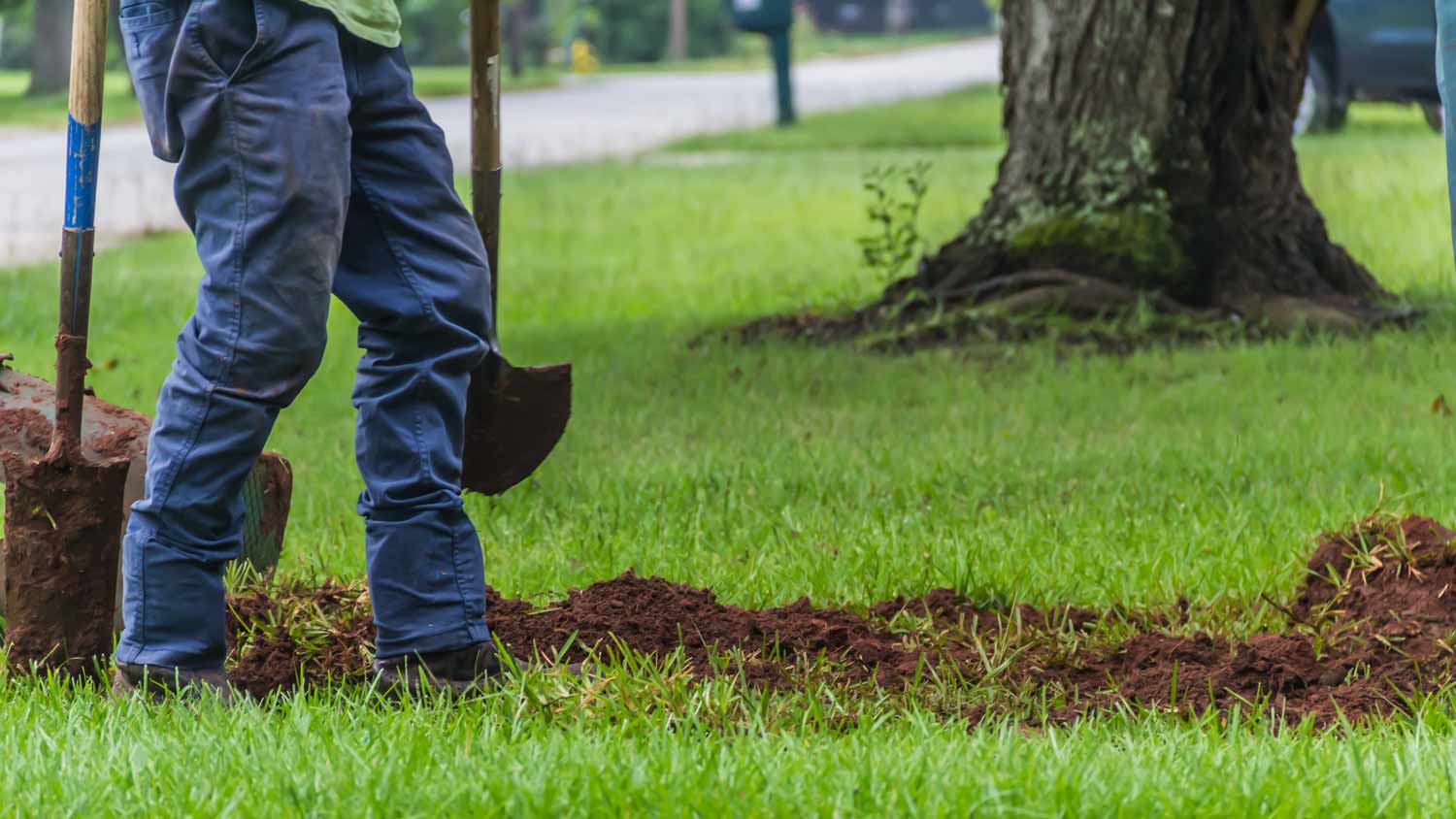 man digging a trench in yard