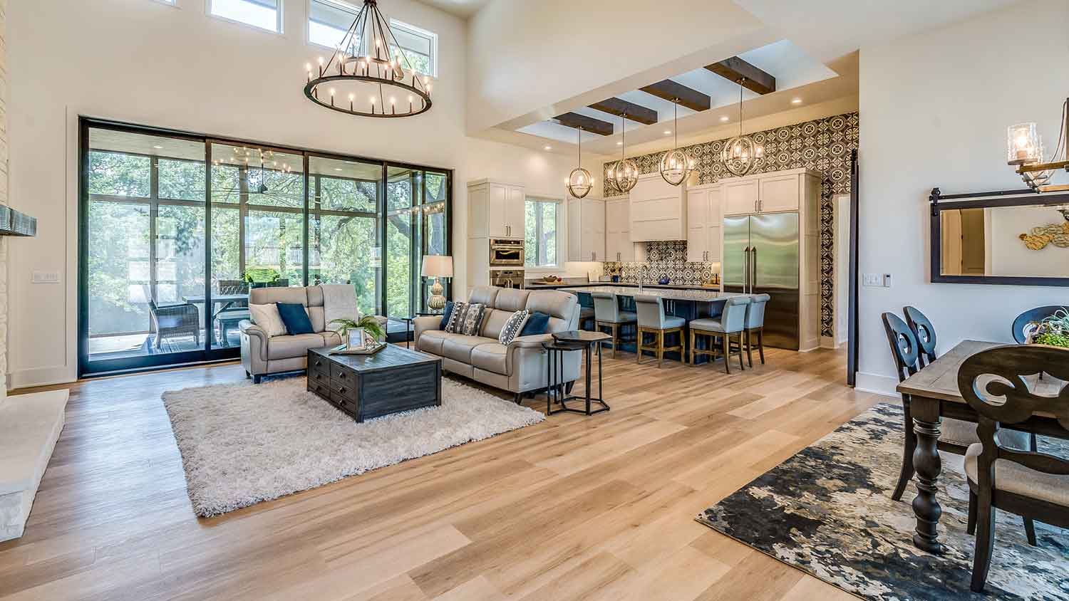 Vinyl flooring installed in a high ceiling living room