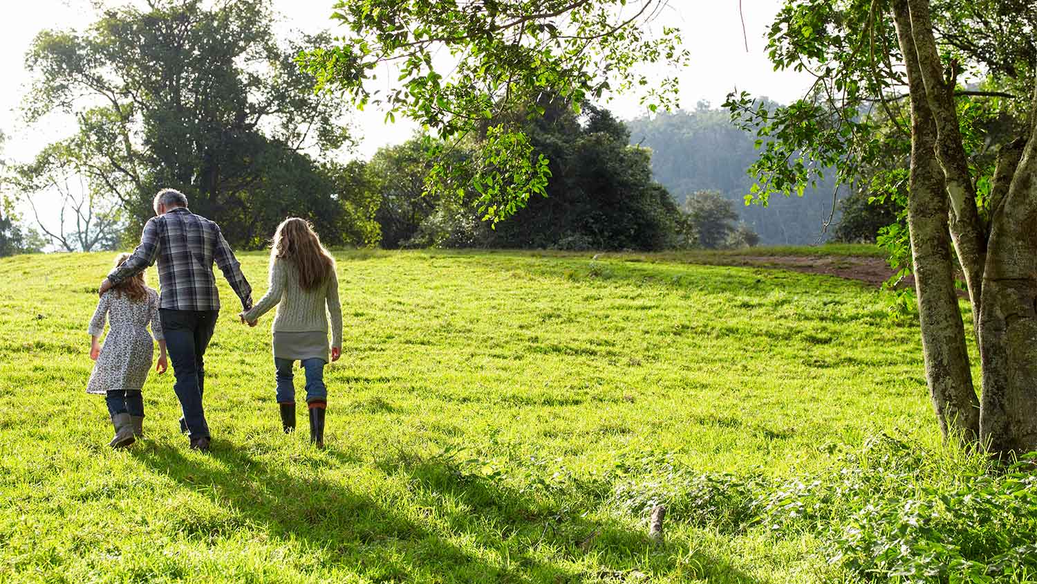 A family walks on grassy land
