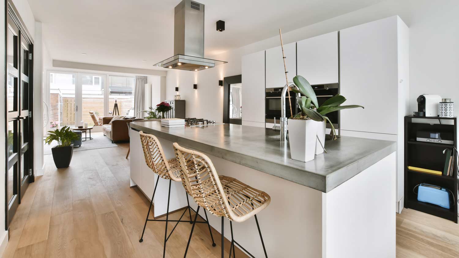 clean living room and kitchen area