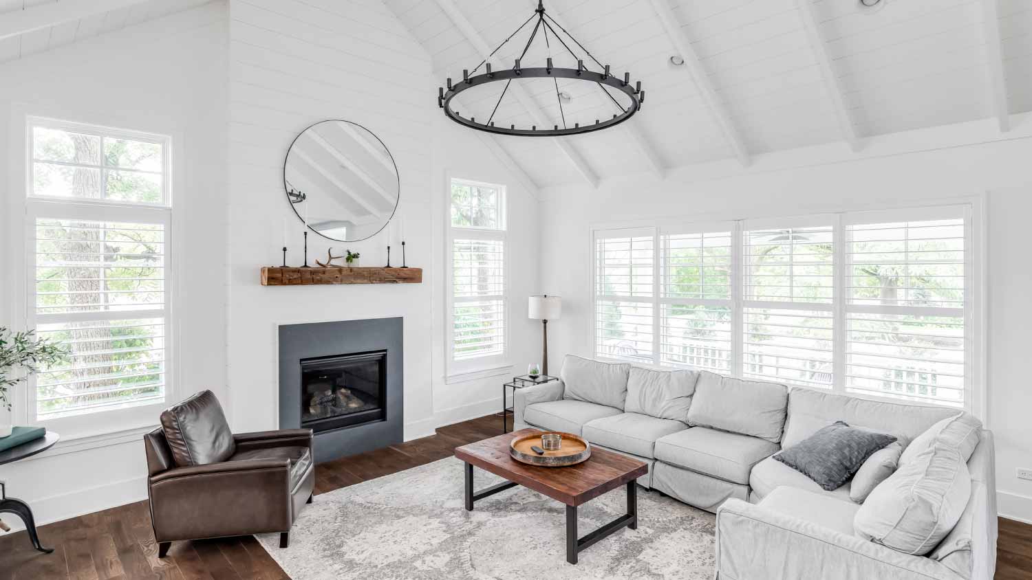 A farmhouse living room with shiplap