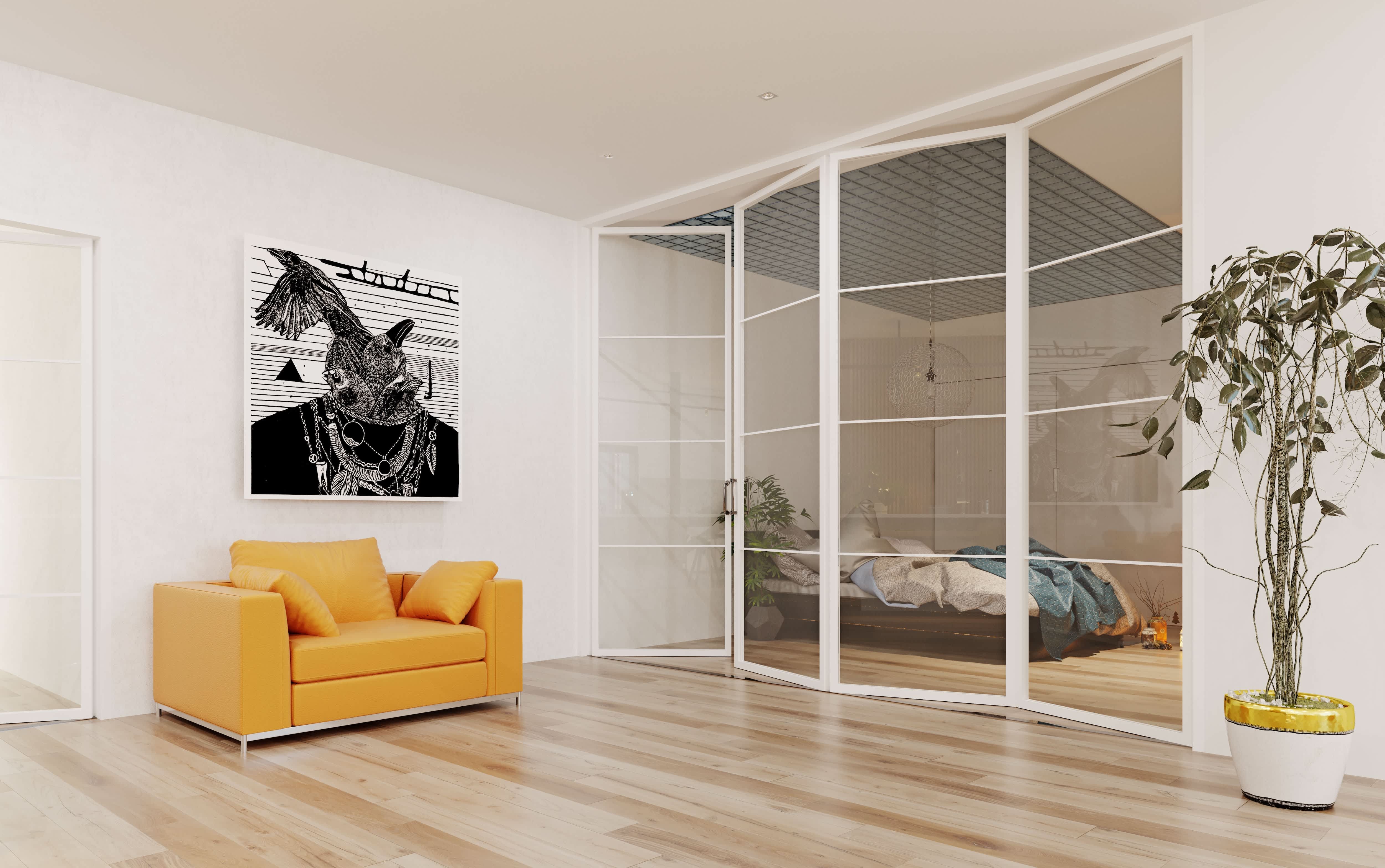 A modern apartment with a glass accordion door