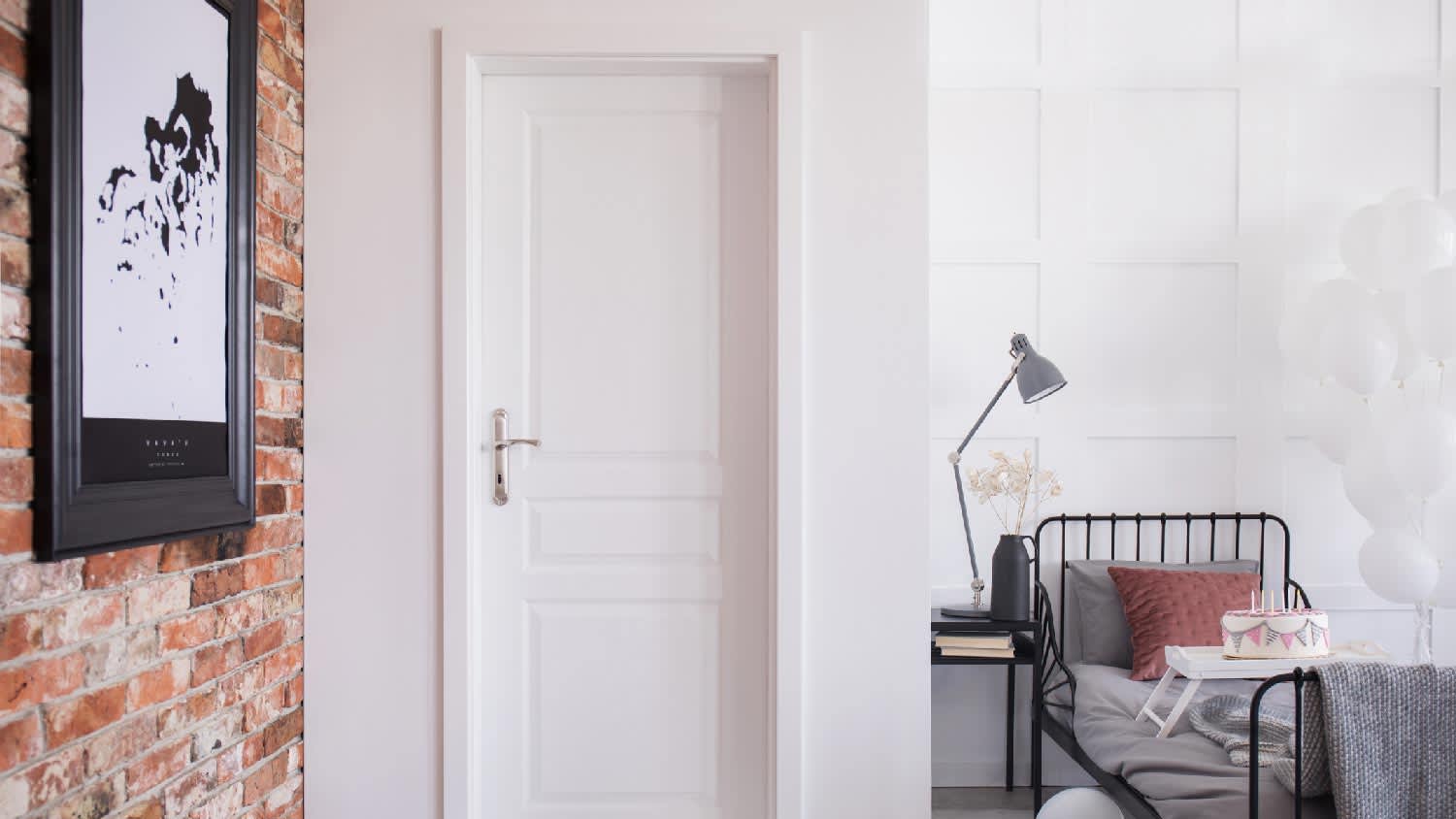 The interior of a bedroom with a split jamb door