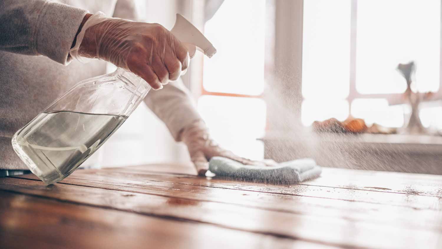 Woman sanitizing kitchen table surface