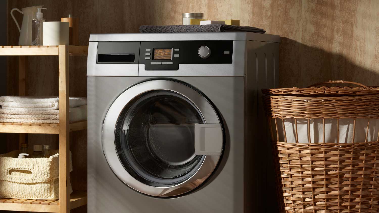 A washing machine in a laundry room