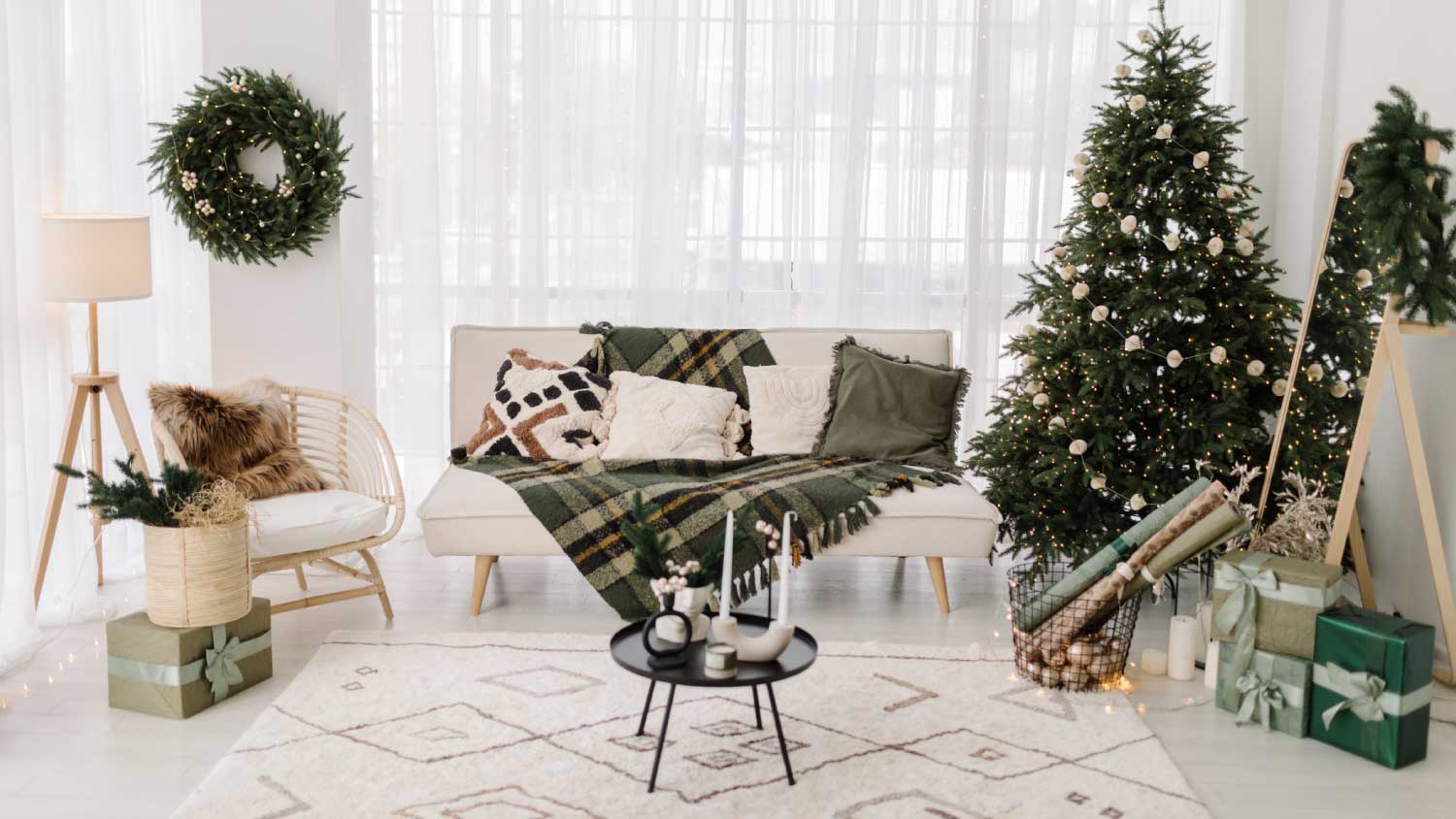Living room decorated with Christmas tree
