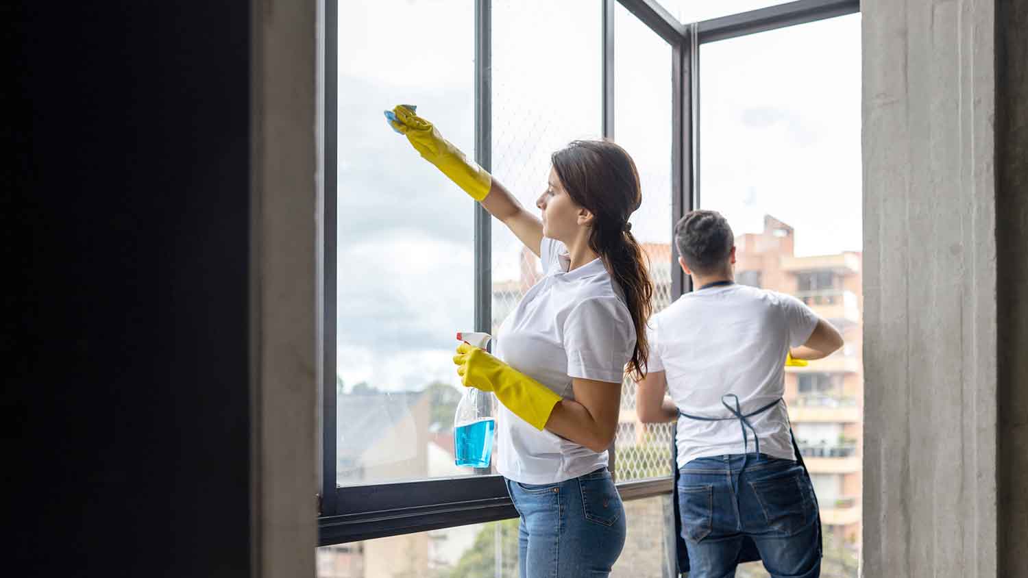 Professional cleaners cleaning the apartment windows
