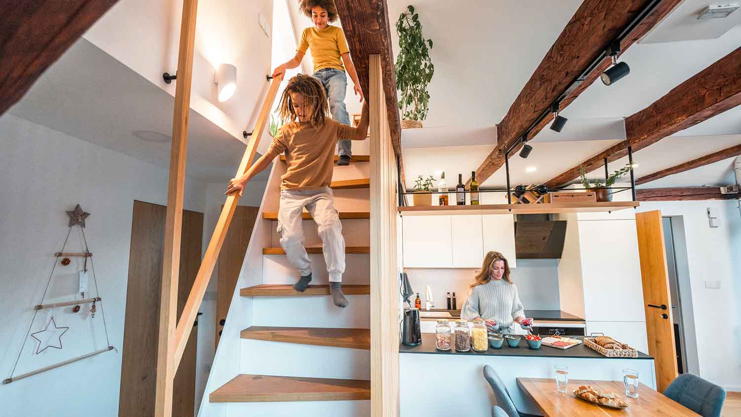 Brothers going downstairs to meet mom in the kitchen