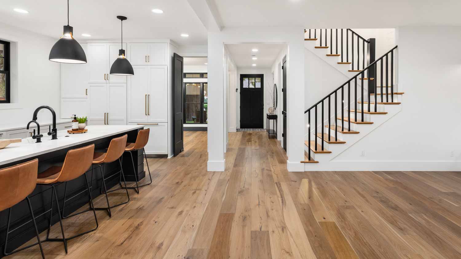 Kitchen and living room interior in new farmhouse