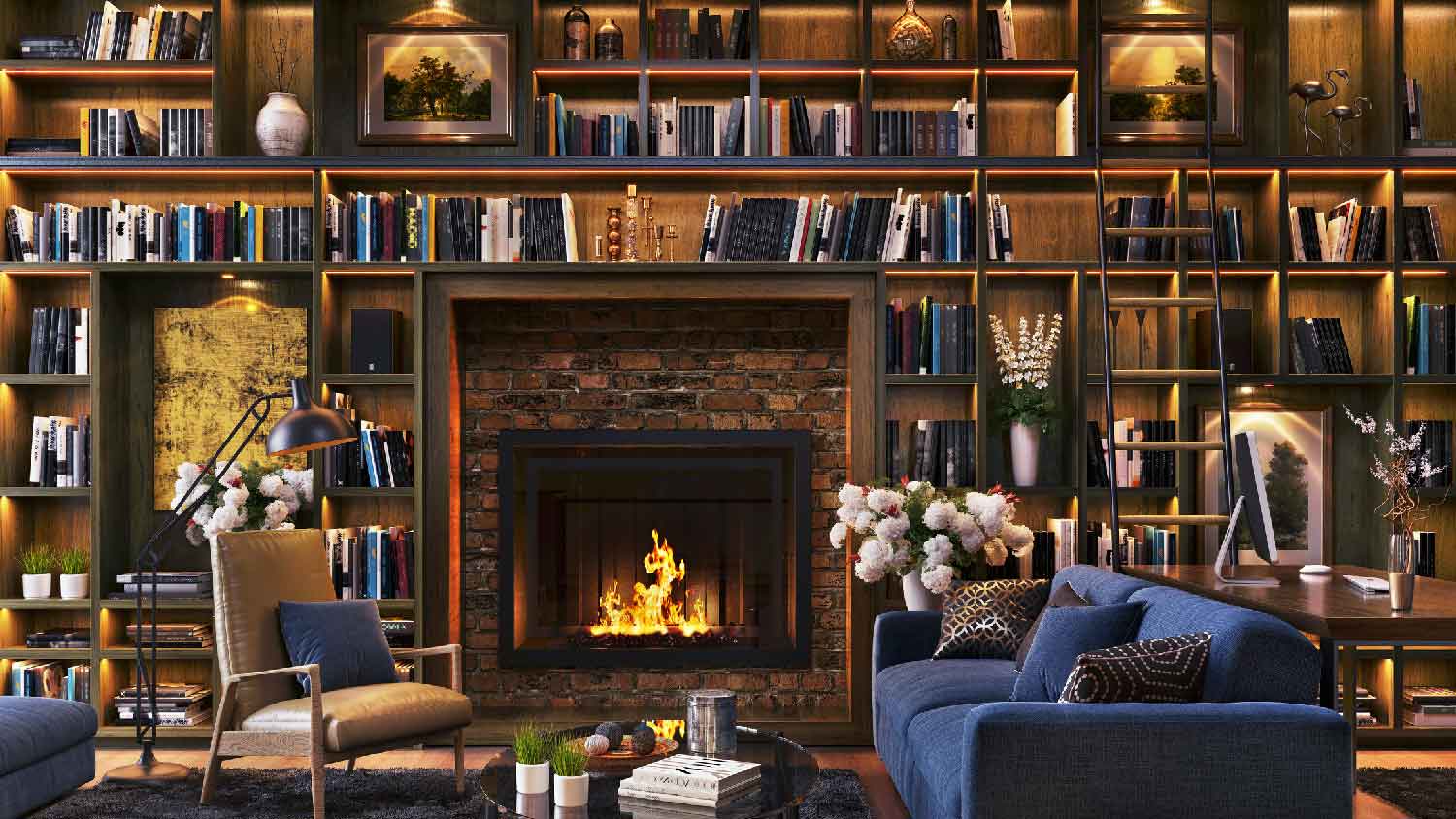 A built-in bookcase surrounding a fireplace