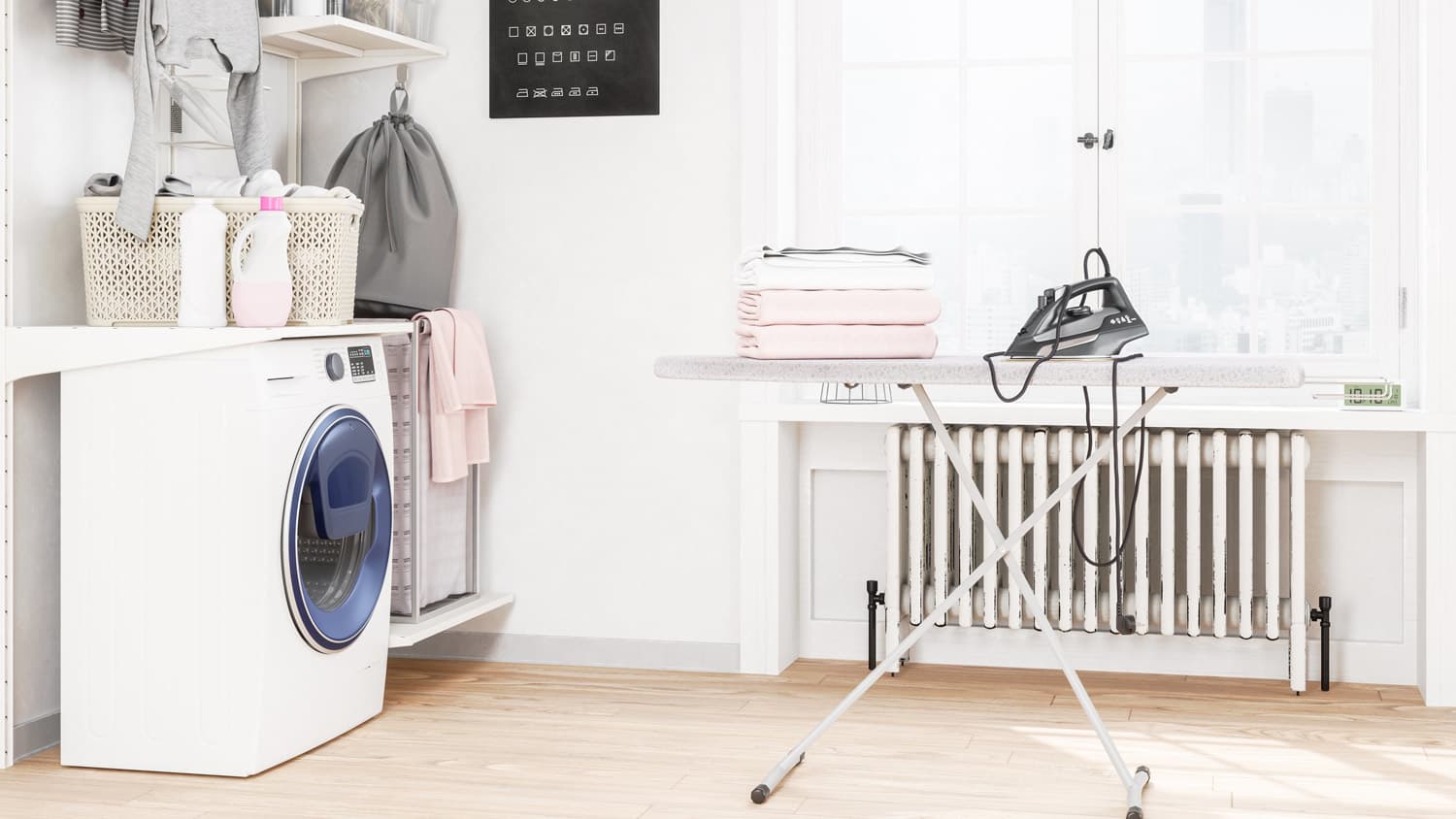 A bright laundry room with a washing machine and an iron board