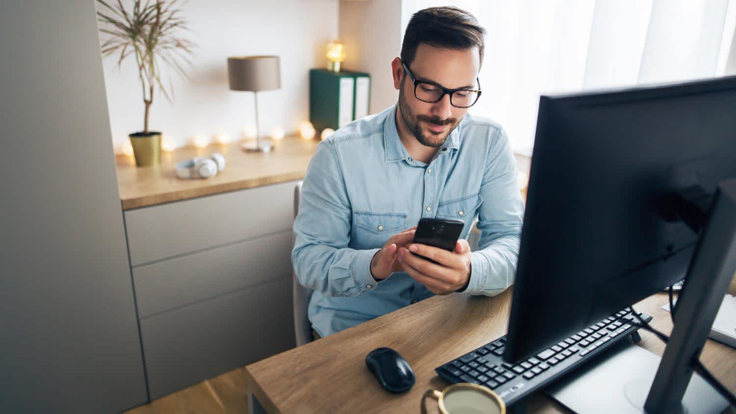 man working remotely from home