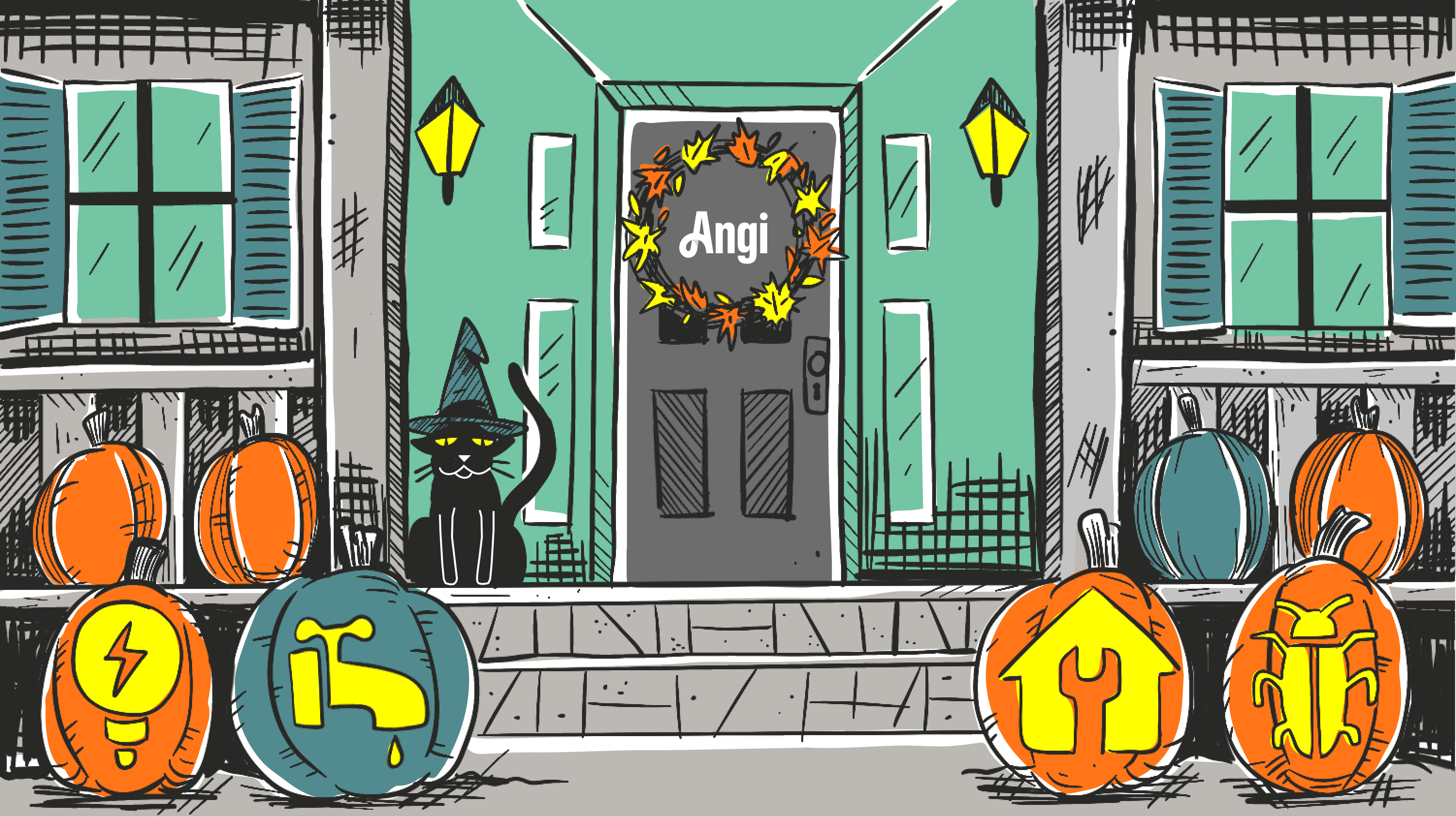 Illustration of a front porch decorated for Halloween
