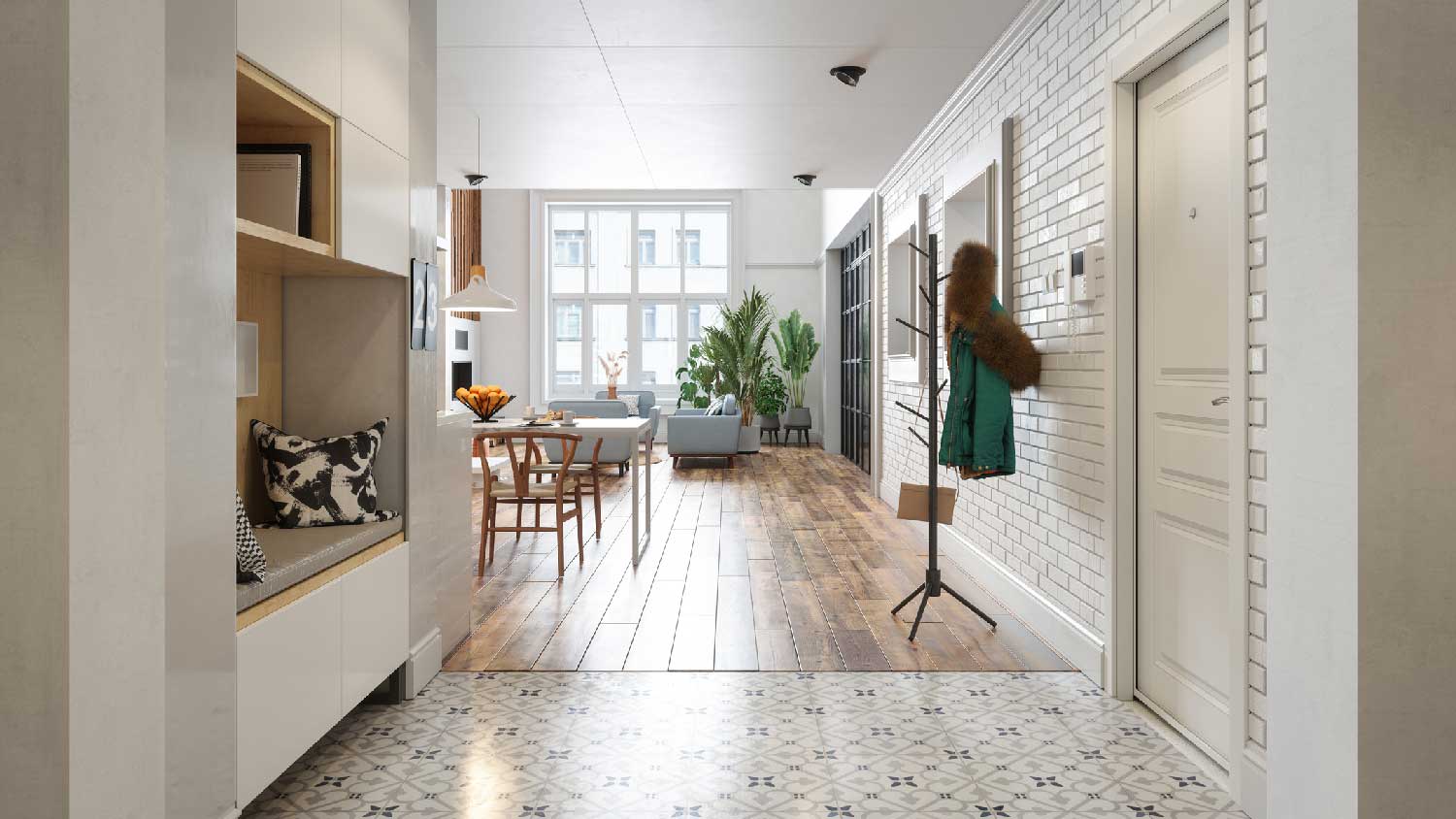 A living room with ceiling tiles