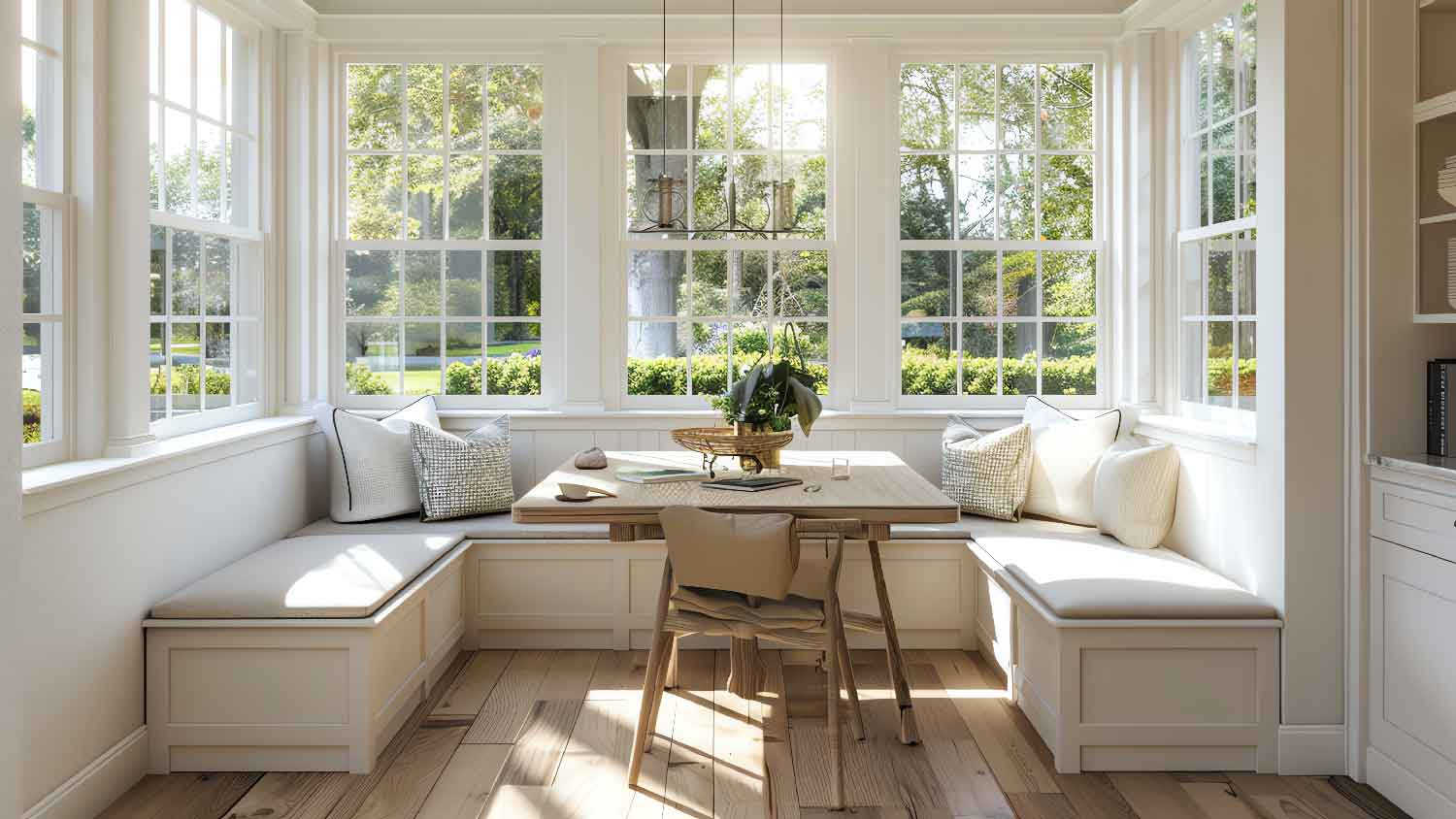 A kitchen with a built-in bench
