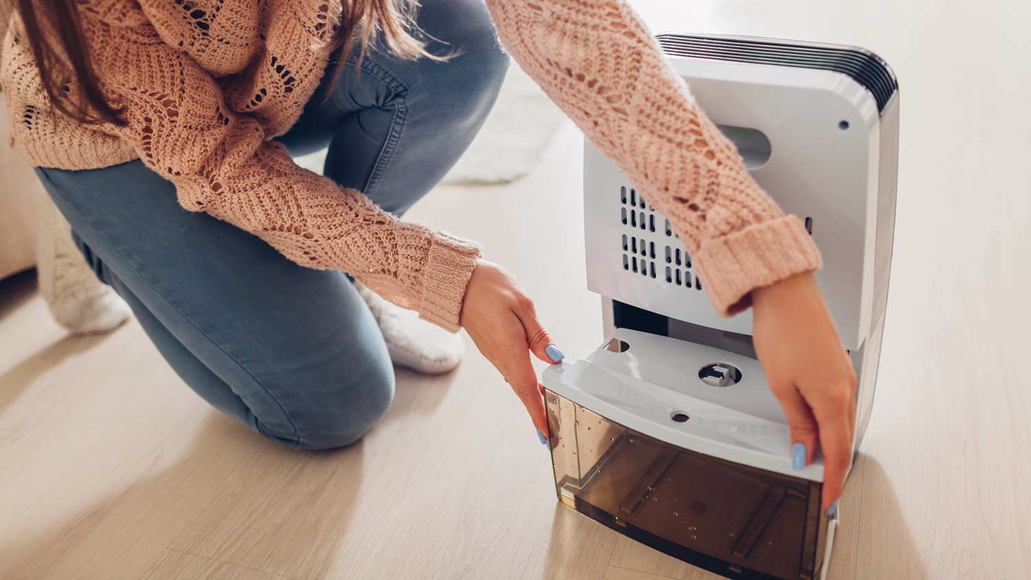 Woman changing water container of dehumidifier at home