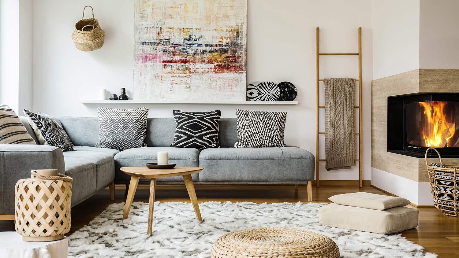 Fireplace roaring in pretty living room