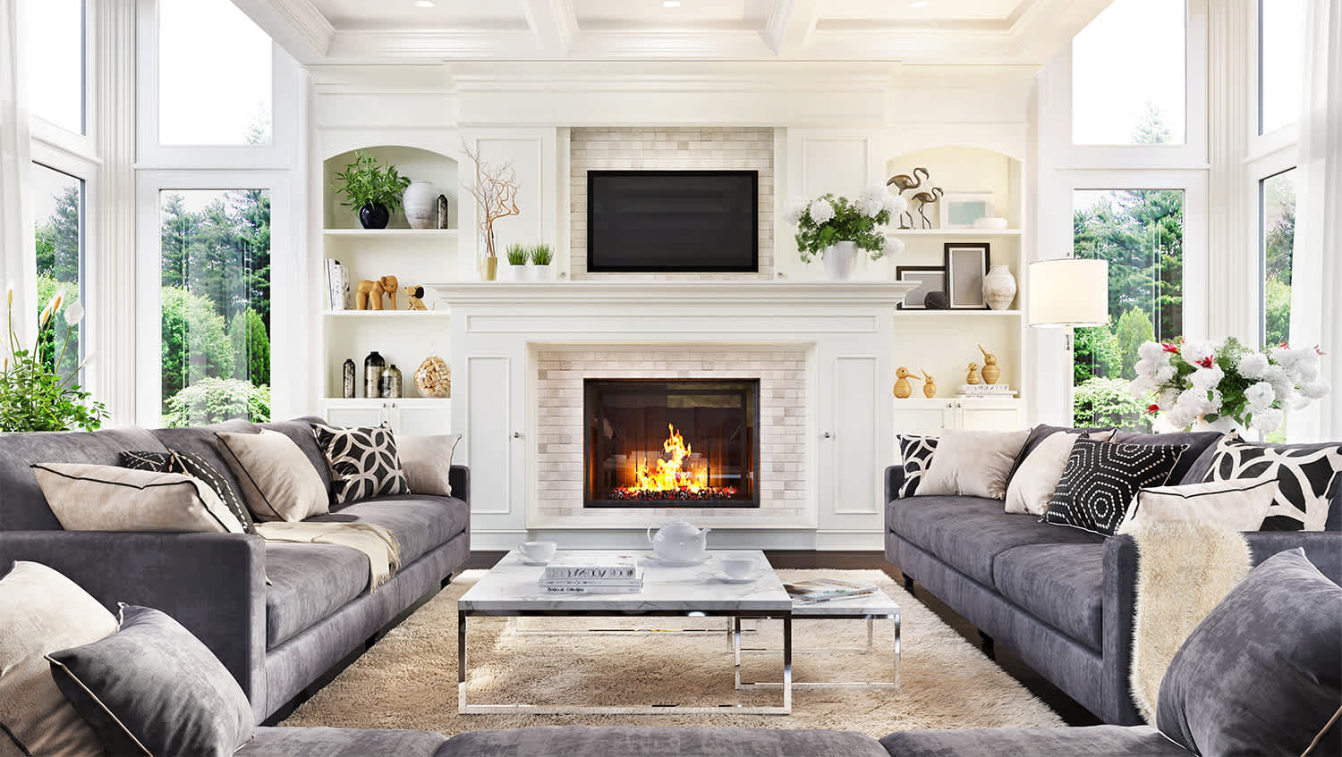 Fireplace burning in a modern living room