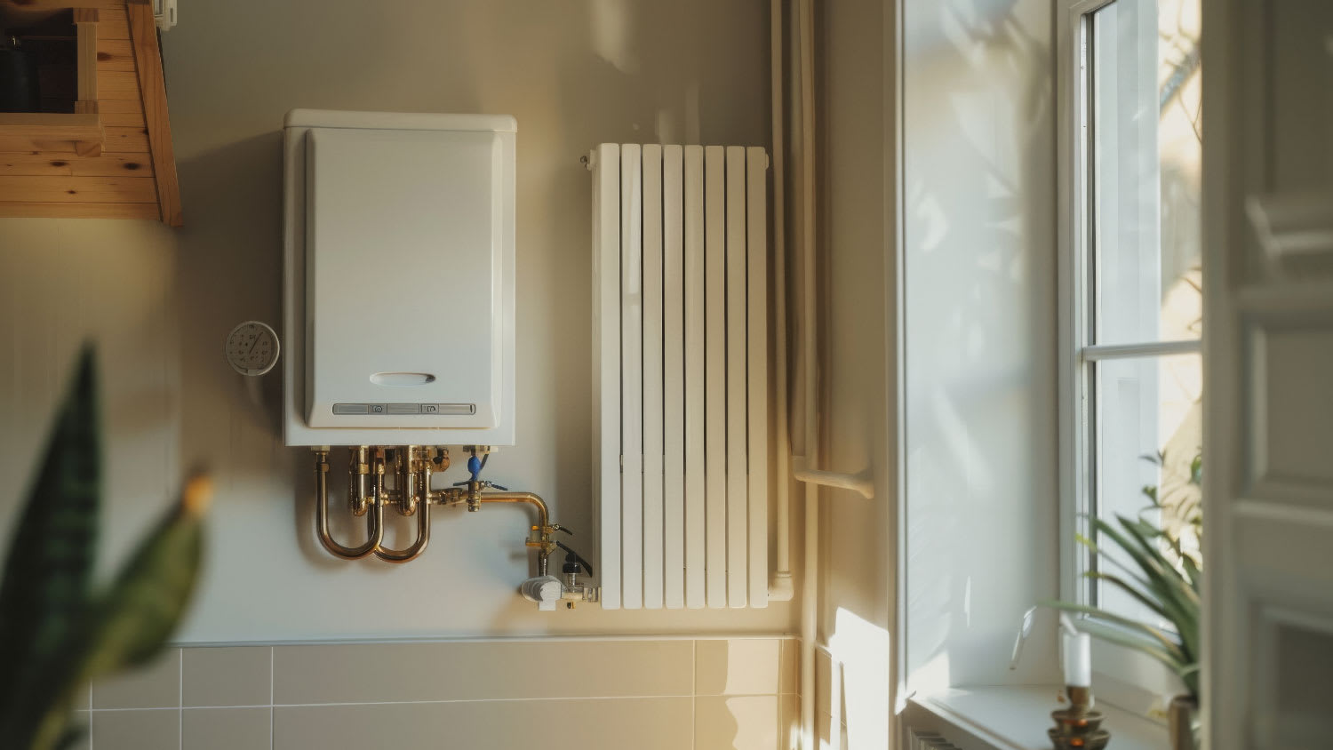 A tankless water heater in a room