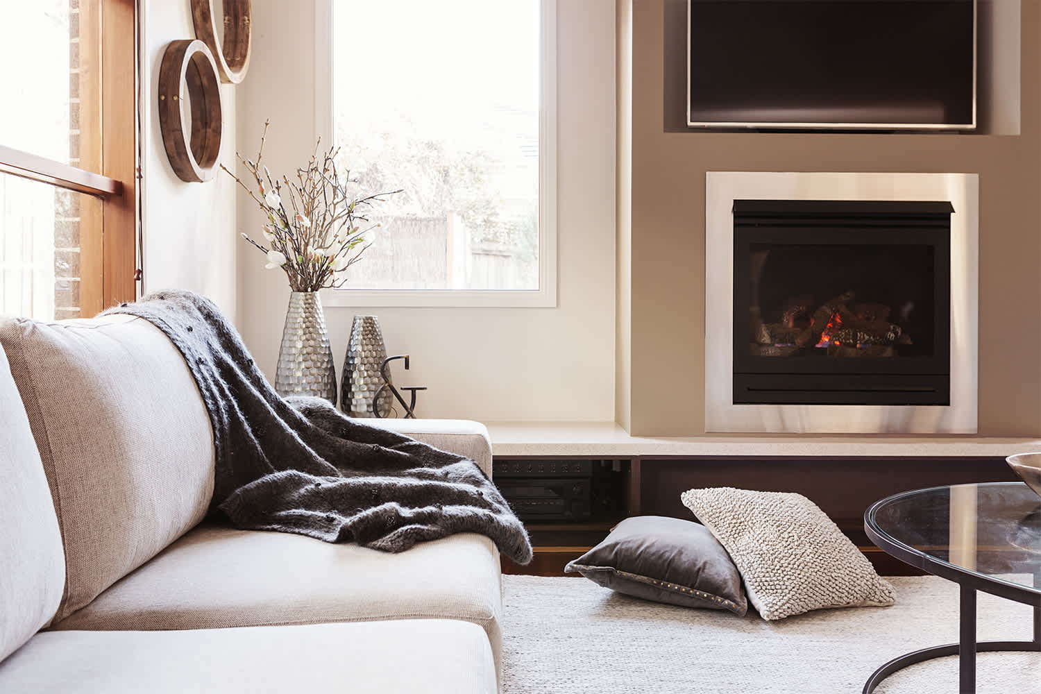 Real wood fireplace at home