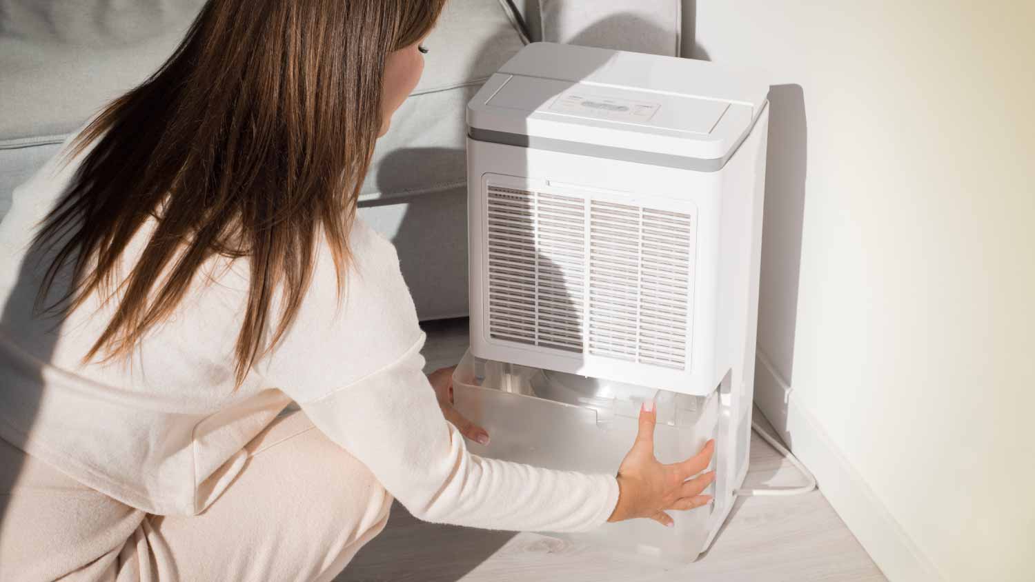 Woman changing water container in air dryer