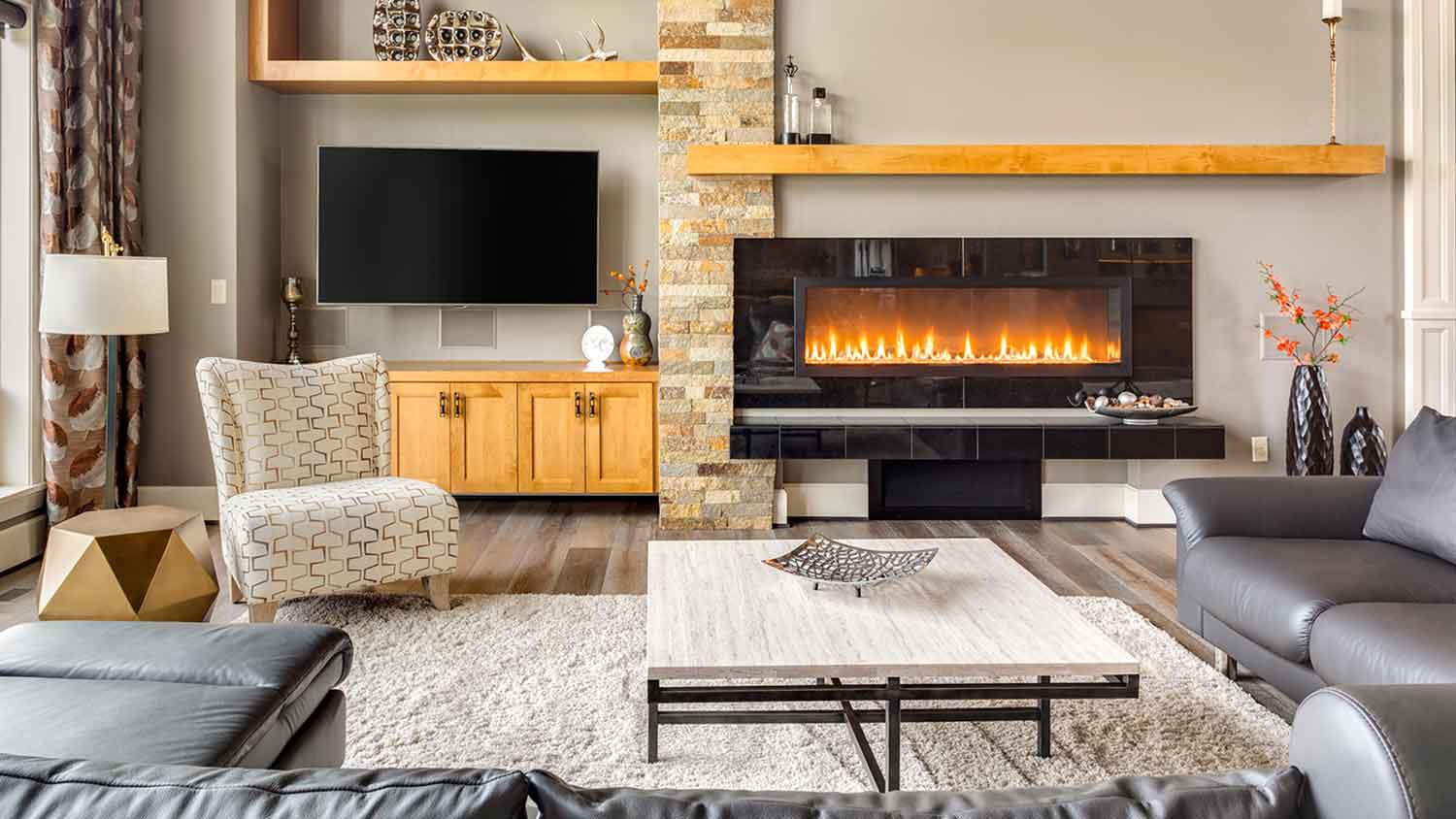 Linear gas fireplace installed in the living room