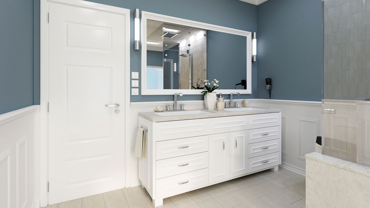 Large bathroom with double sink vanity and blue wall