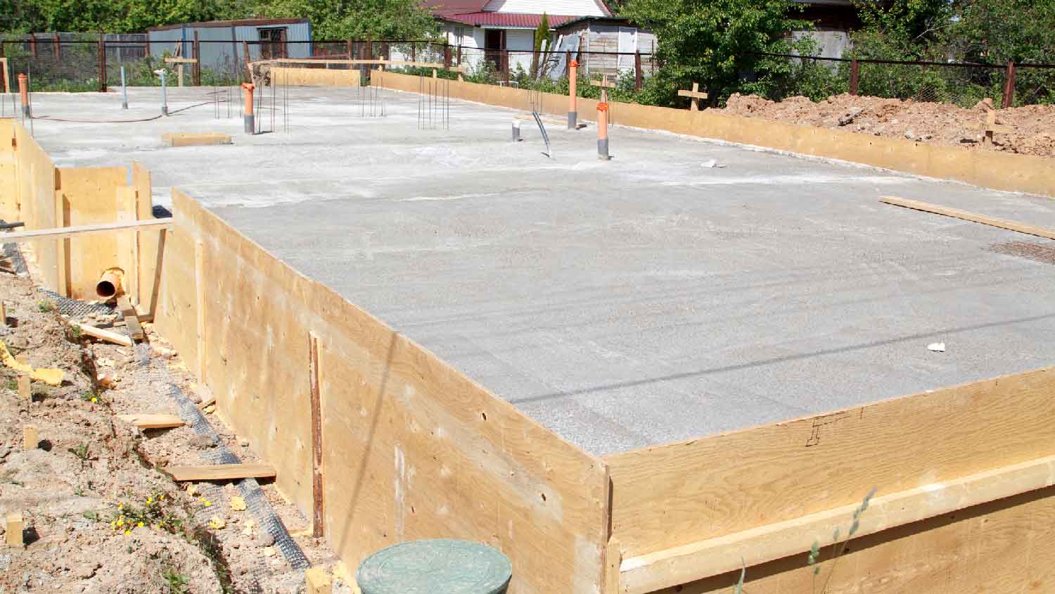 A concrete slab on the foundation of a house