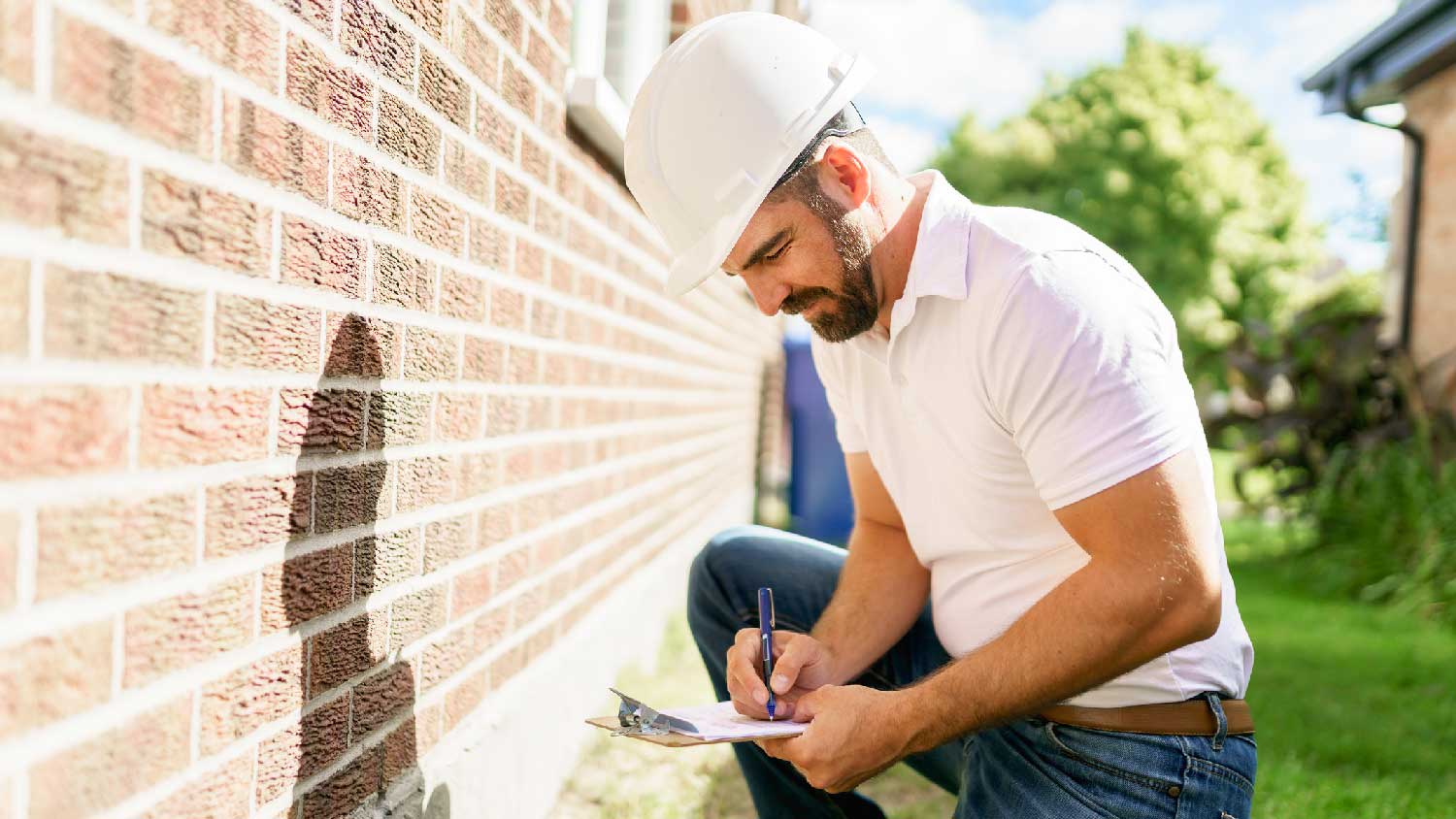 A man inspecting the foundation of a house