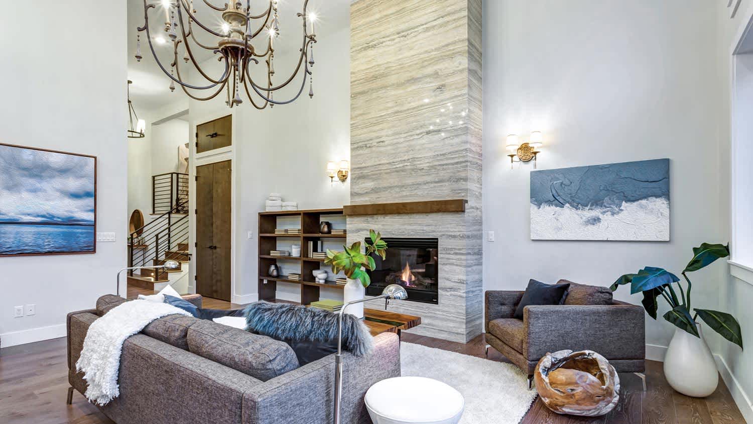 Fireplace with floor to ceiling marble surround