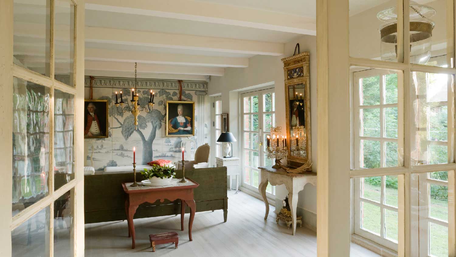 A farmhouse with french doors