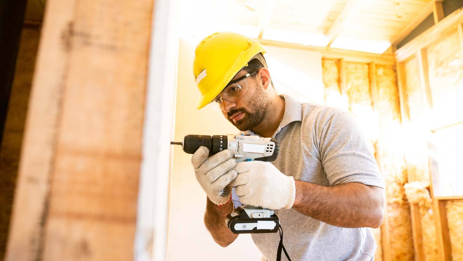 The interior of a construction site with drywalls
