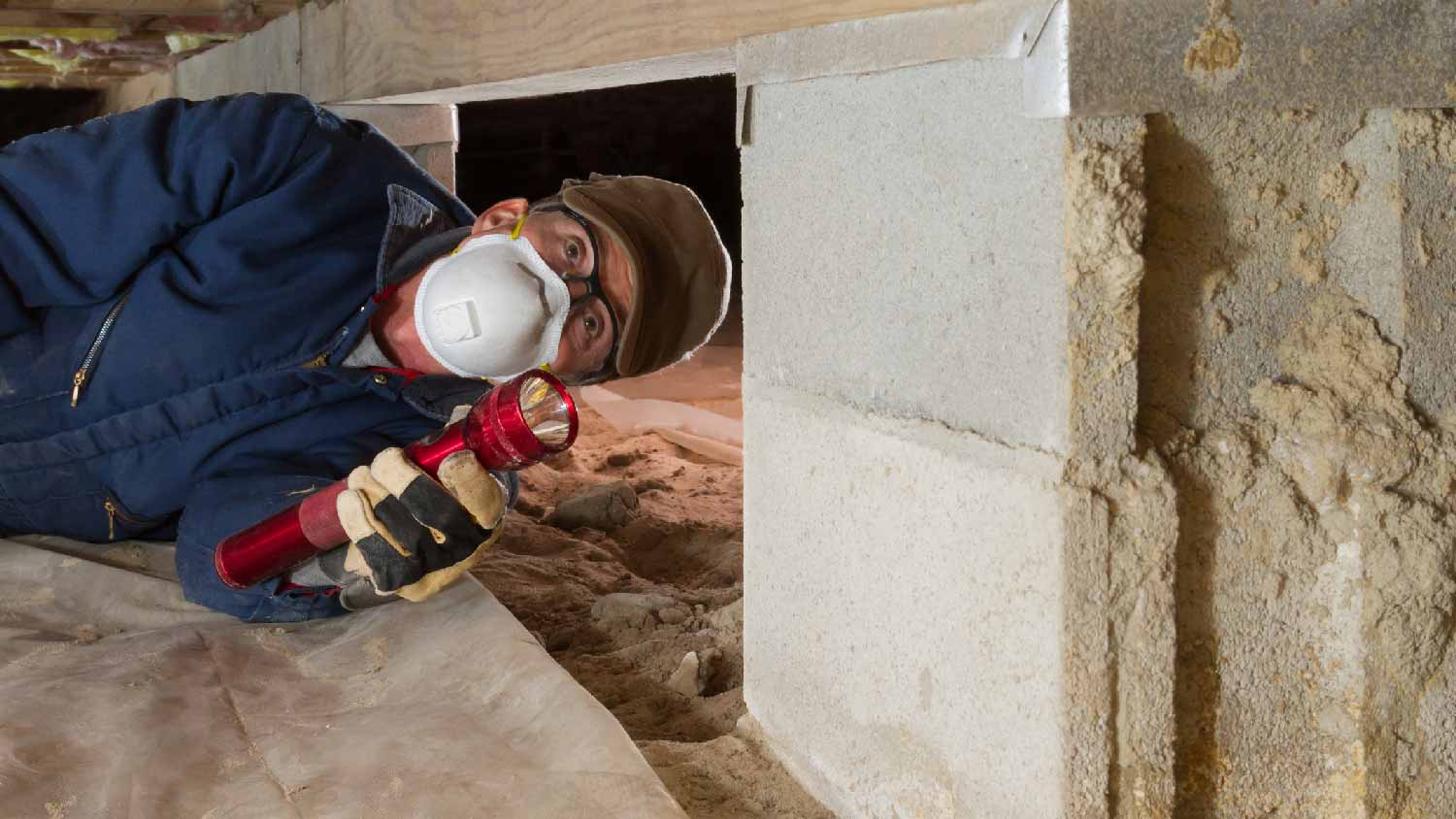 A professional inspecting a crawl space