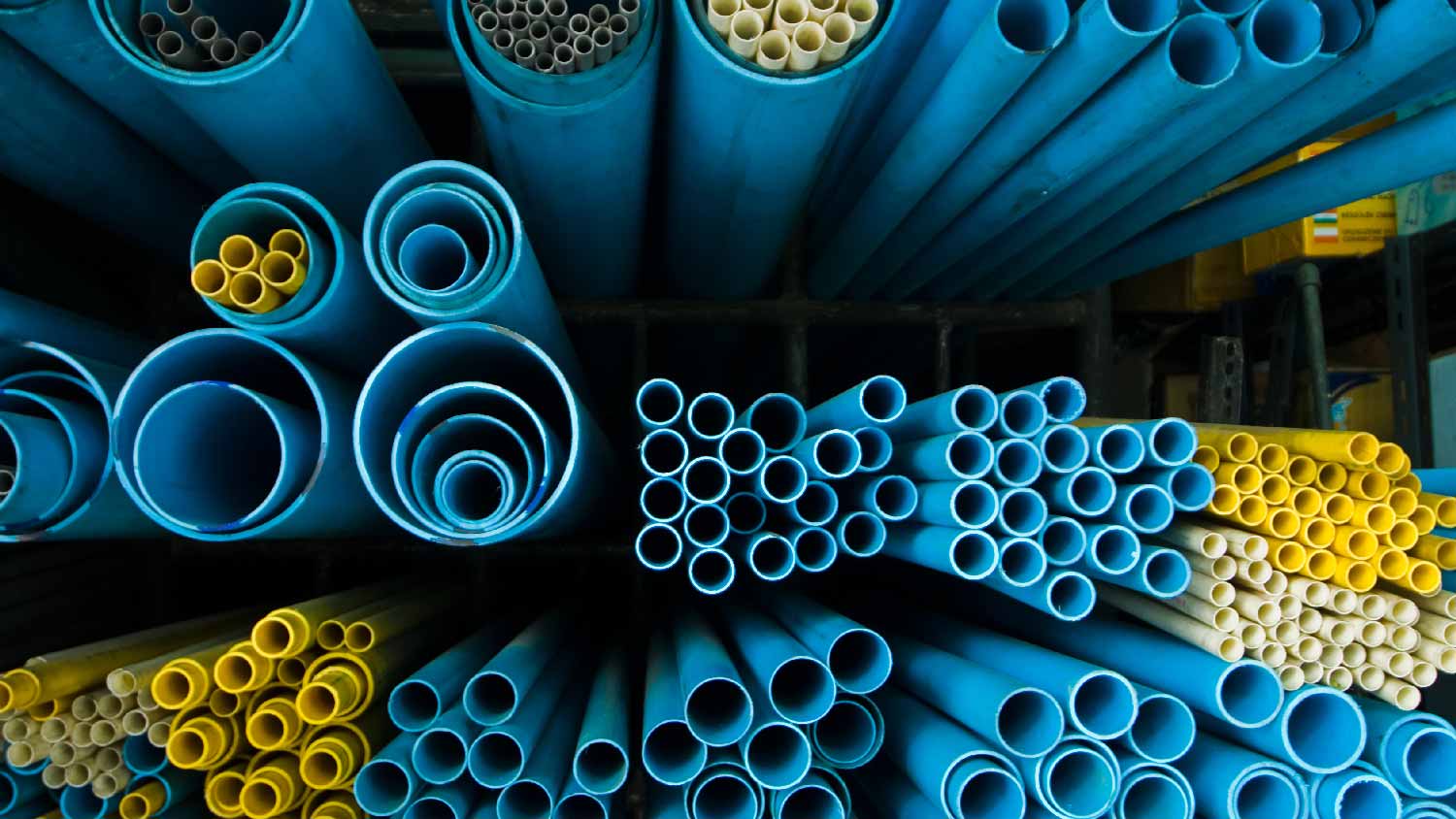 Groups of various PVC pipes in various sizes