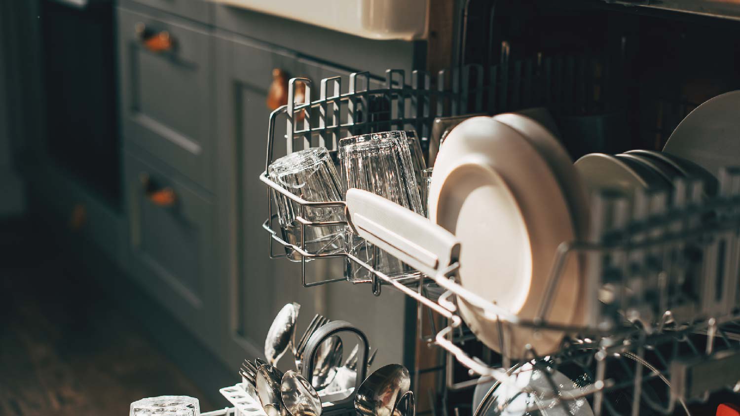 Close up of dishes in an open dishwasher