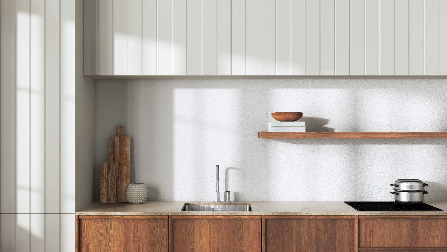 A minimalistic kitchen with a limestone countertop