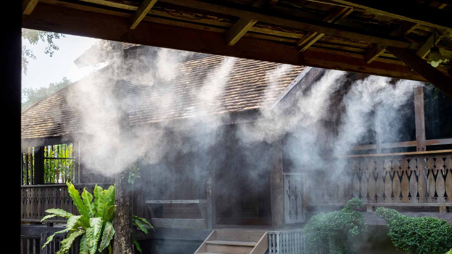A misting system in a garden