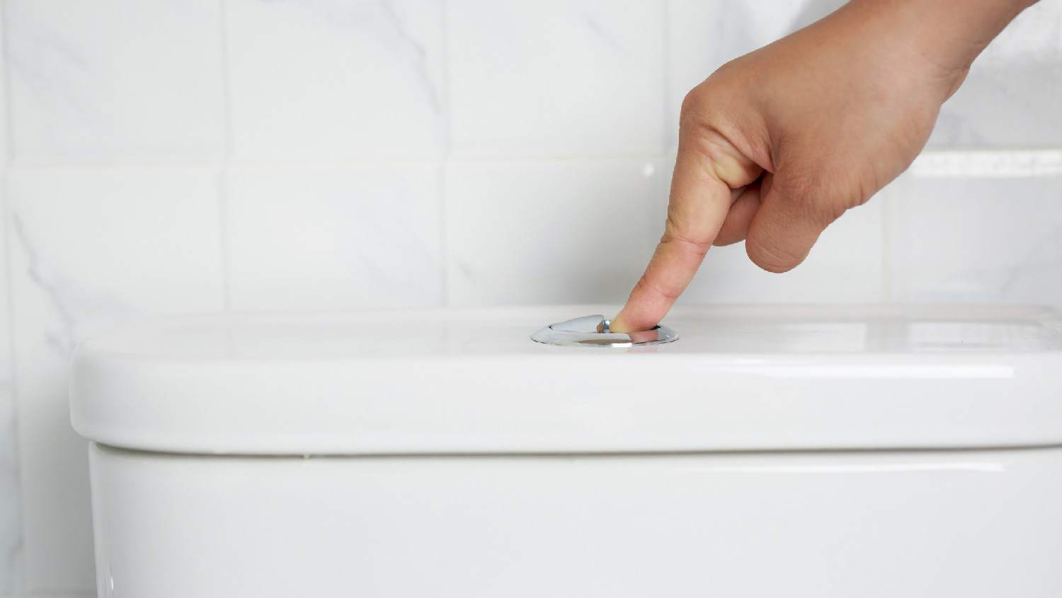 A person pushing the toilet button to flush