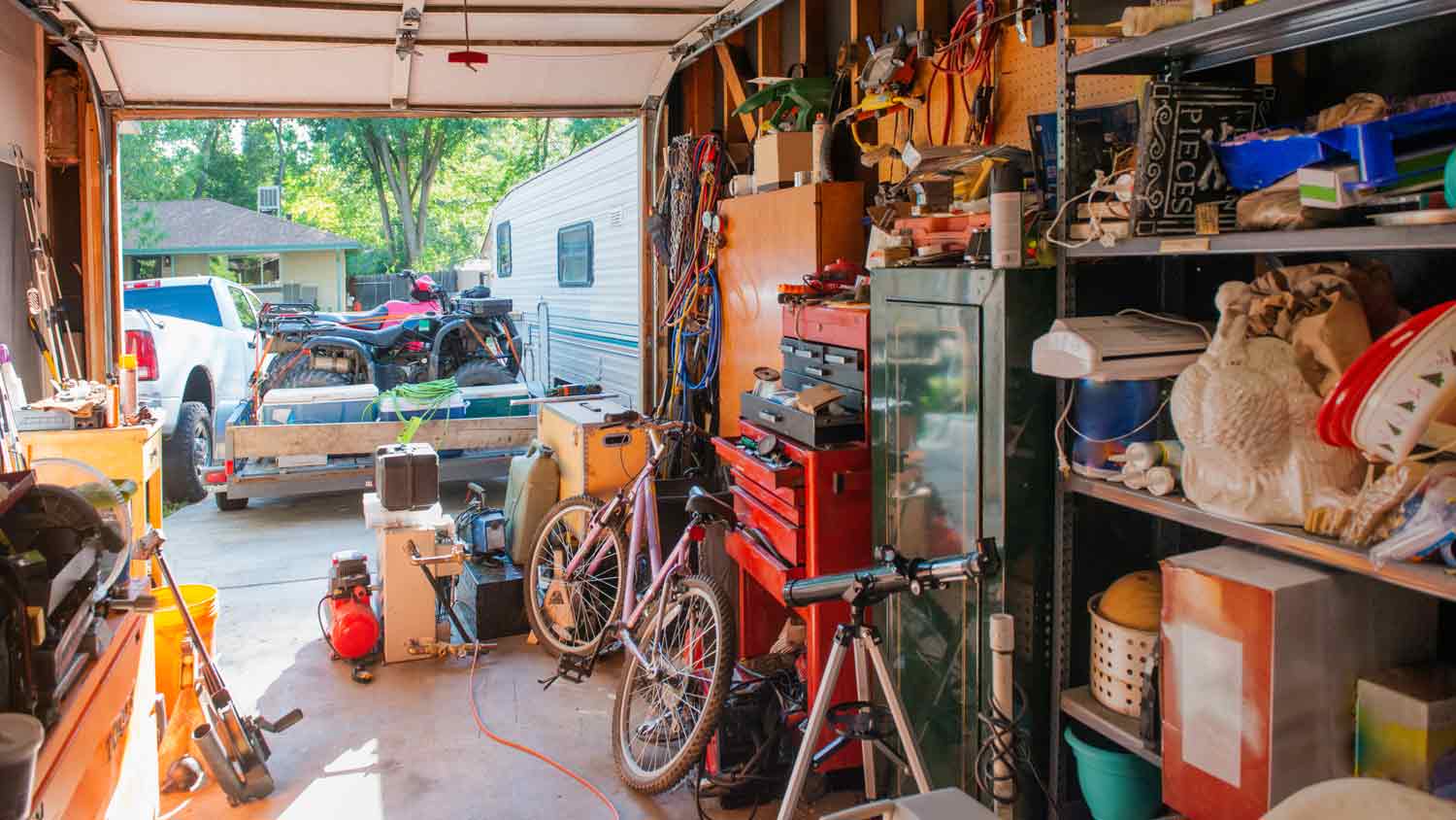 cluttered garage with junk