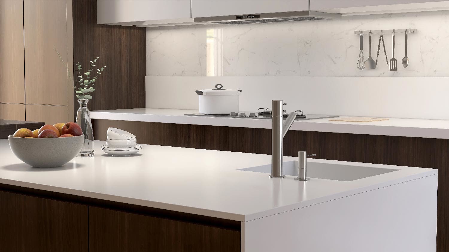 A sleek kitchen with a quartz countertop