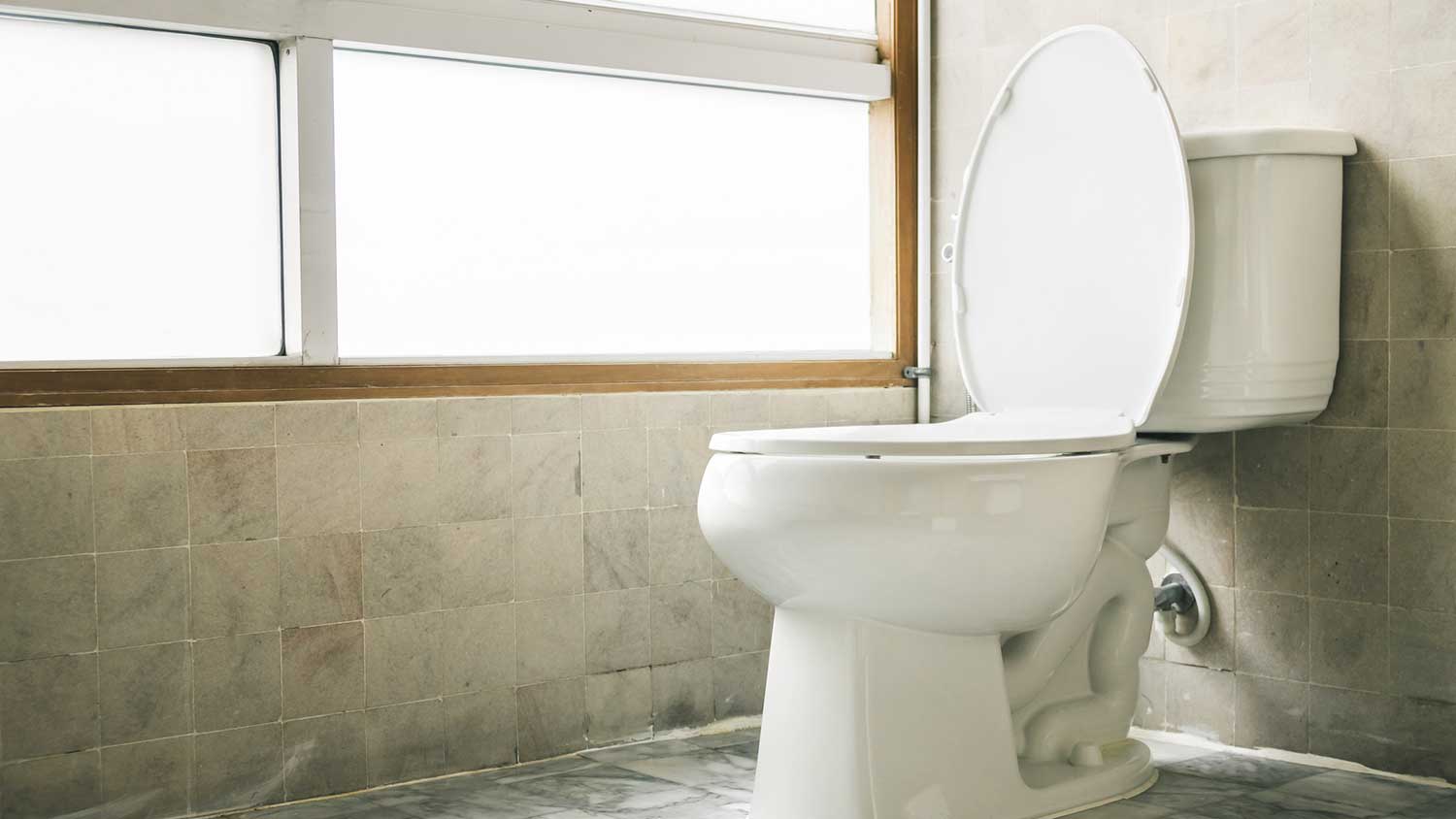 Interior of a bright bathroom with gray tiles