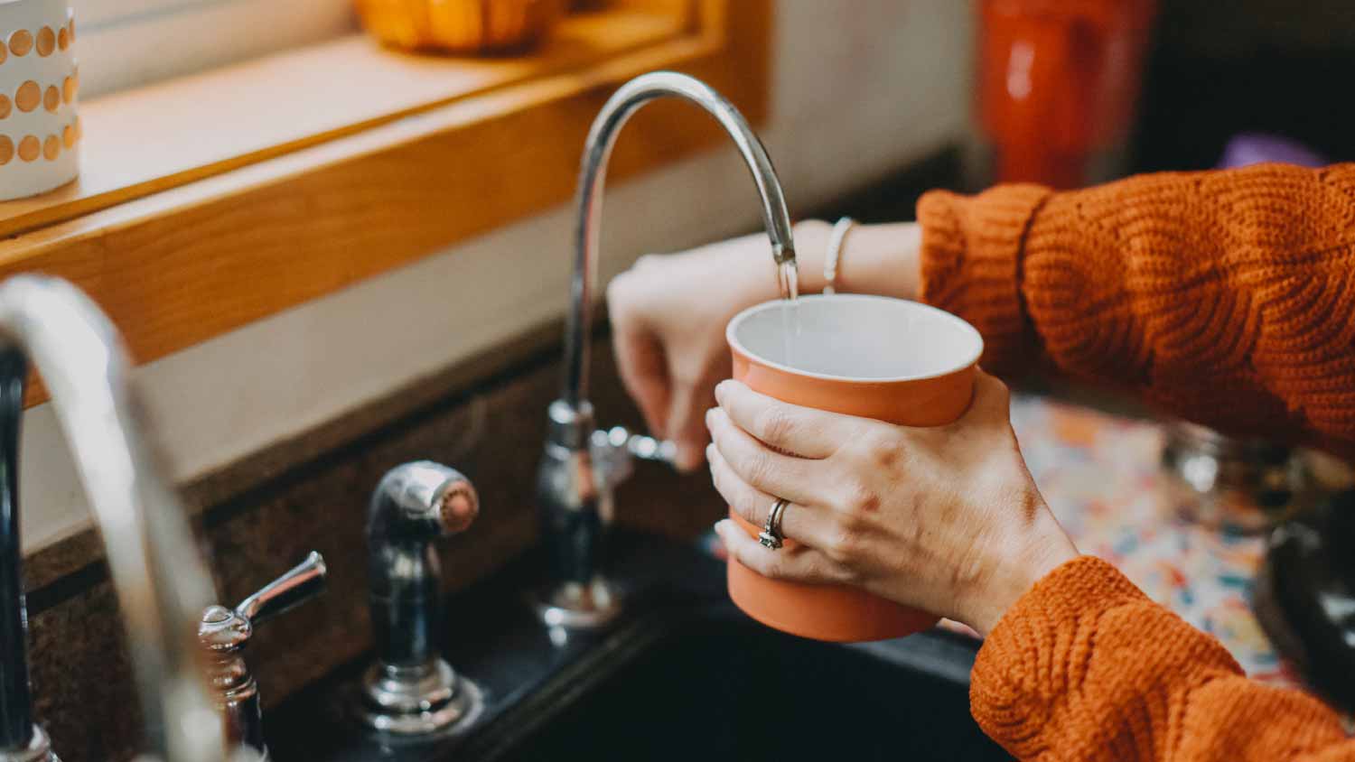Woman filling a mug with water