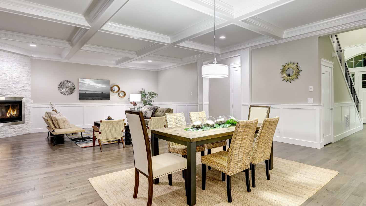 Living room with coffered ceiling