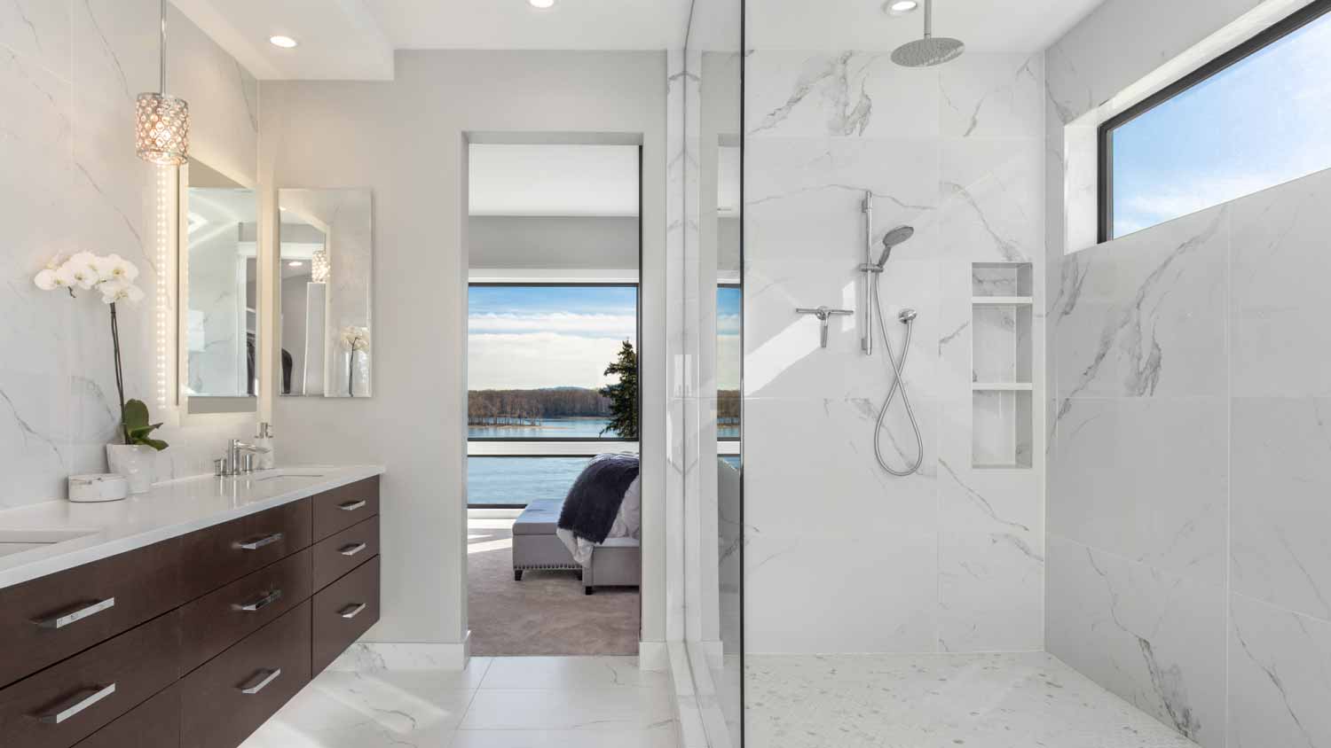 Bathroom with large shower and double vanity